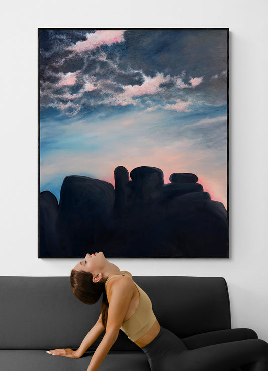 Where Light Meets Stone by Tania Chanter, moody abstract landscape, acrylic on canvas, 100x120cm.