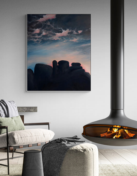 Where Light Meets Stone by Tania Chanter, moody abstract landscape, acrylic on canvas, 100x120cm.
