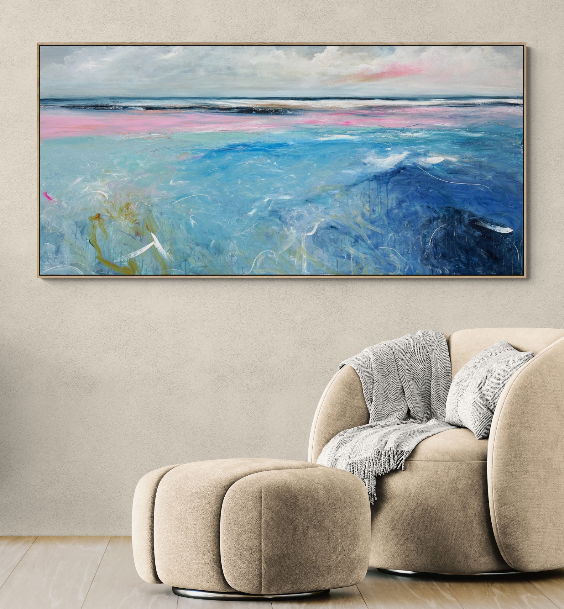 Where Morning Meets The Sea by Australian artist Tania Chanter, acrylic on canvas, 190x90cm, fresh colourful abstract seascape painting.