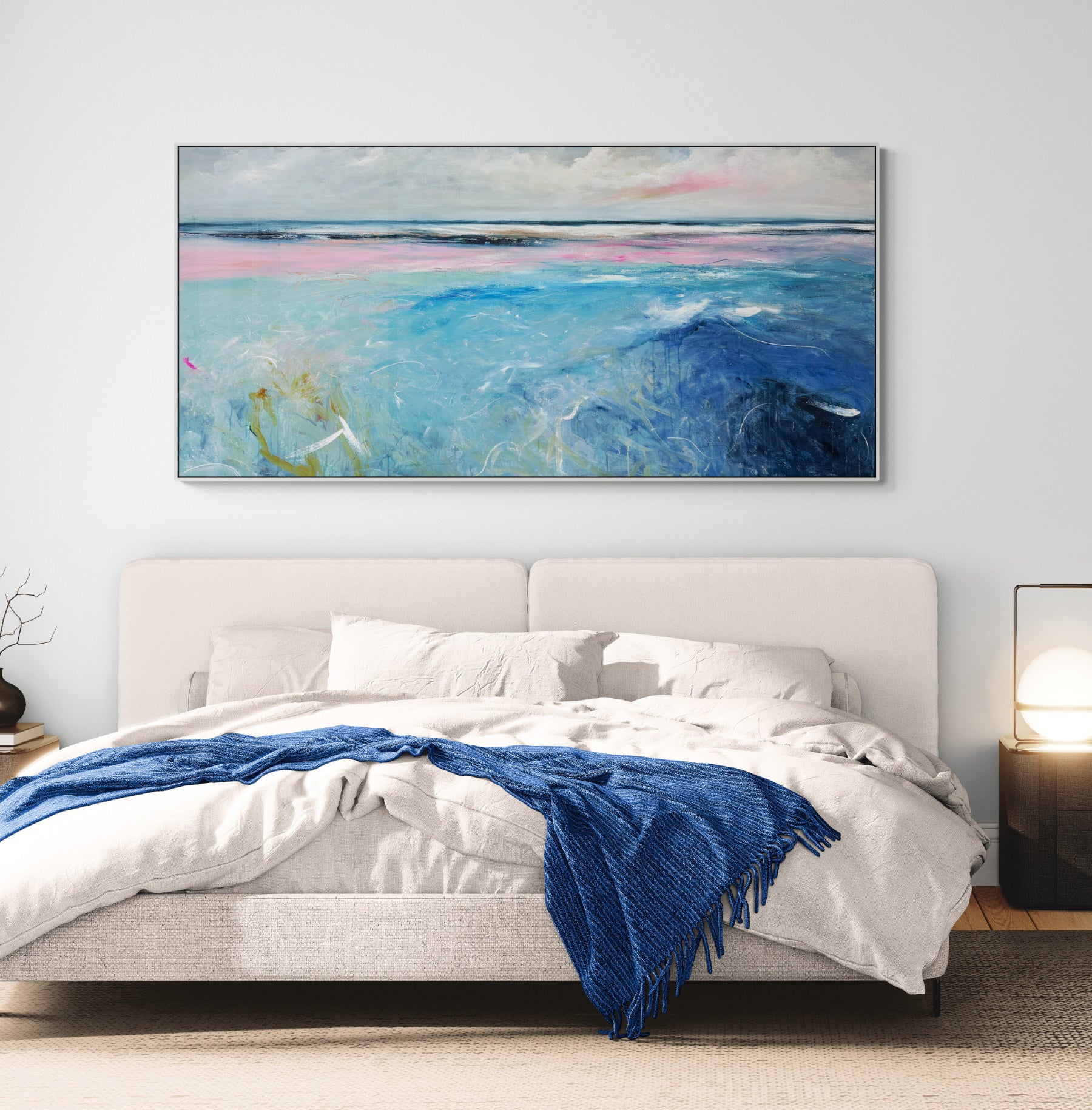 Where Morning Meets The Sea by Australian artist Tania Chanter, acrylic on canvas, 190x90cm, fresh colourful abstract seascape painting.