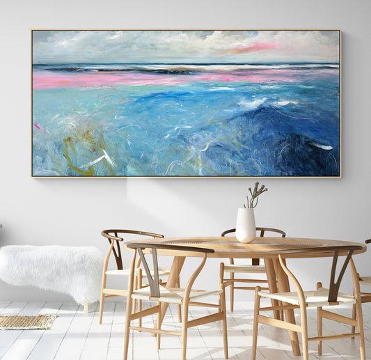 Where Morning Meets The Sea by Australian artist Tania Chanter, acrylic on canvas, 190x90cm, fresh colourful abstract seascape painting.