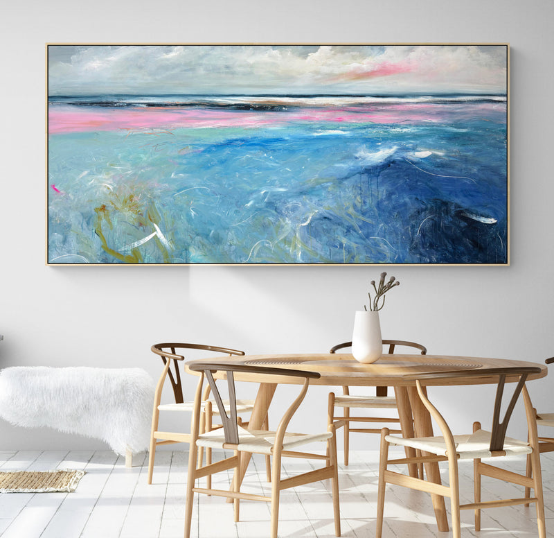 Where Morning Meets The Sea by Australian artist Tania Chanter, acrylic on canvas, 190x90cm, fresh colourful abstract seascape painting.