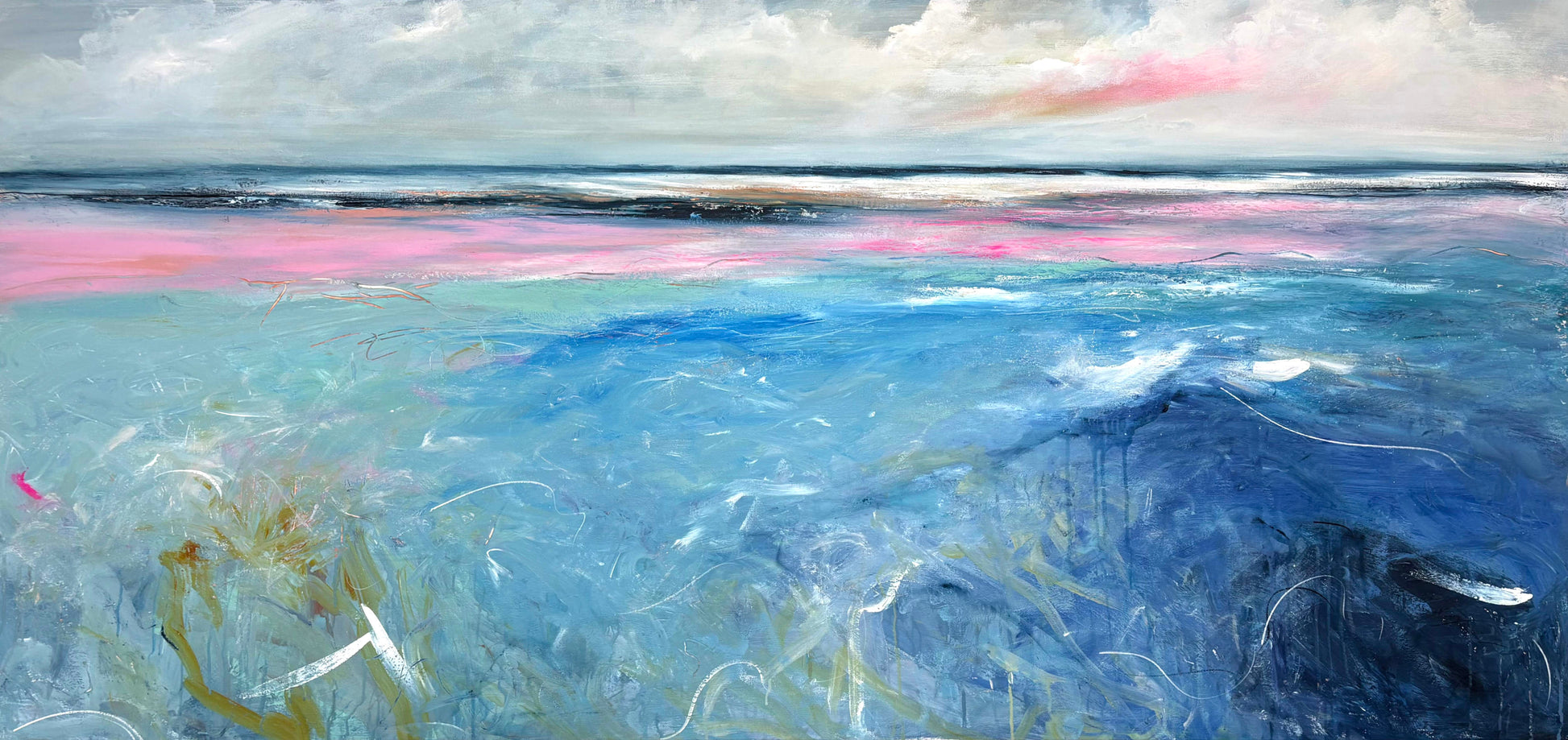 Where Morning Meets The Sea by Australian artist Tania Chanter, acrylic on canvas, 190x90cm, fresh colourful abstract seascape painting.