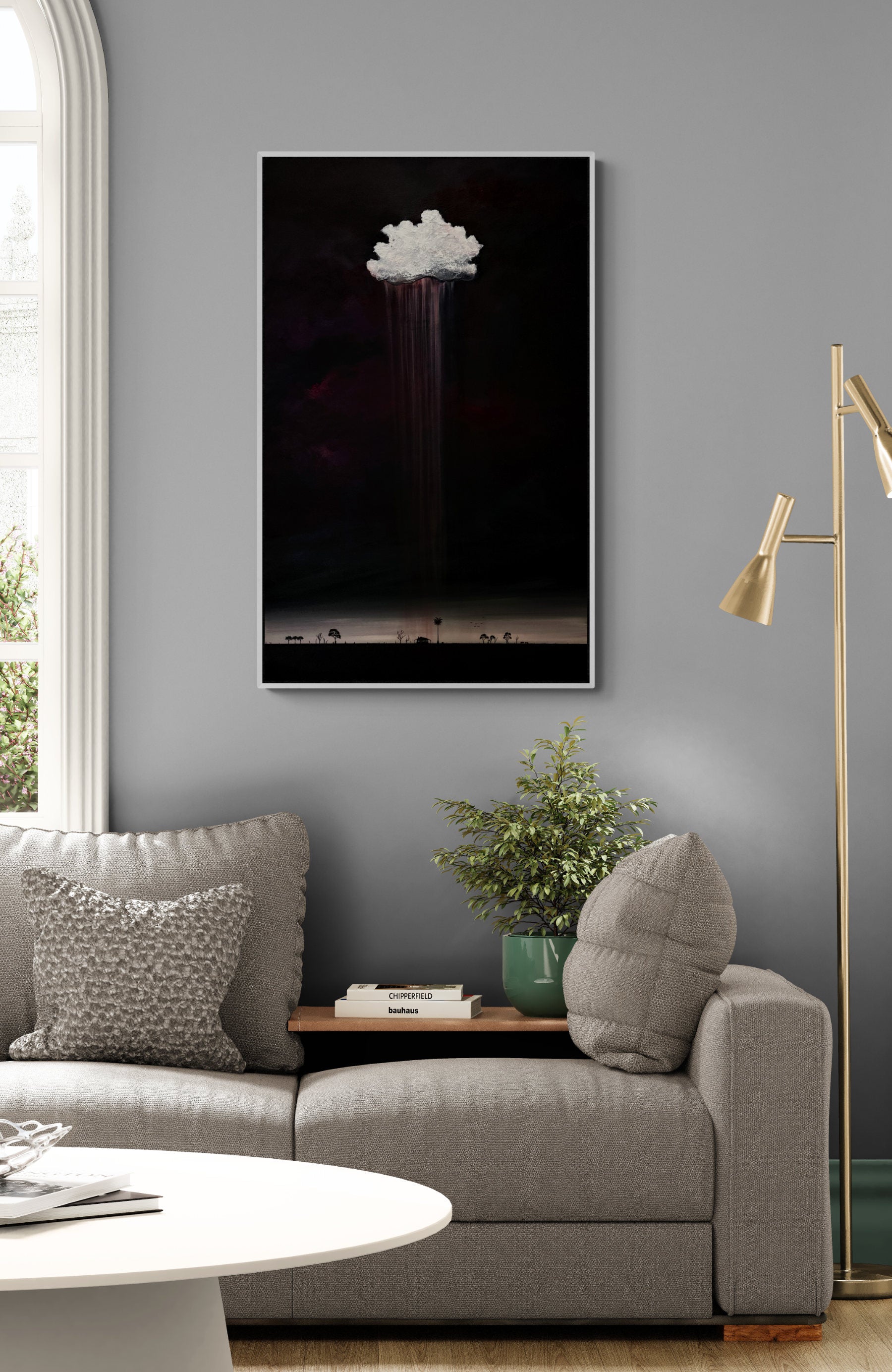 Where Rain Meets Earth by Australian artist Tania Chanter, 60x100cm, original, acrylic on canvas, textured moody abstract cloudscape.
