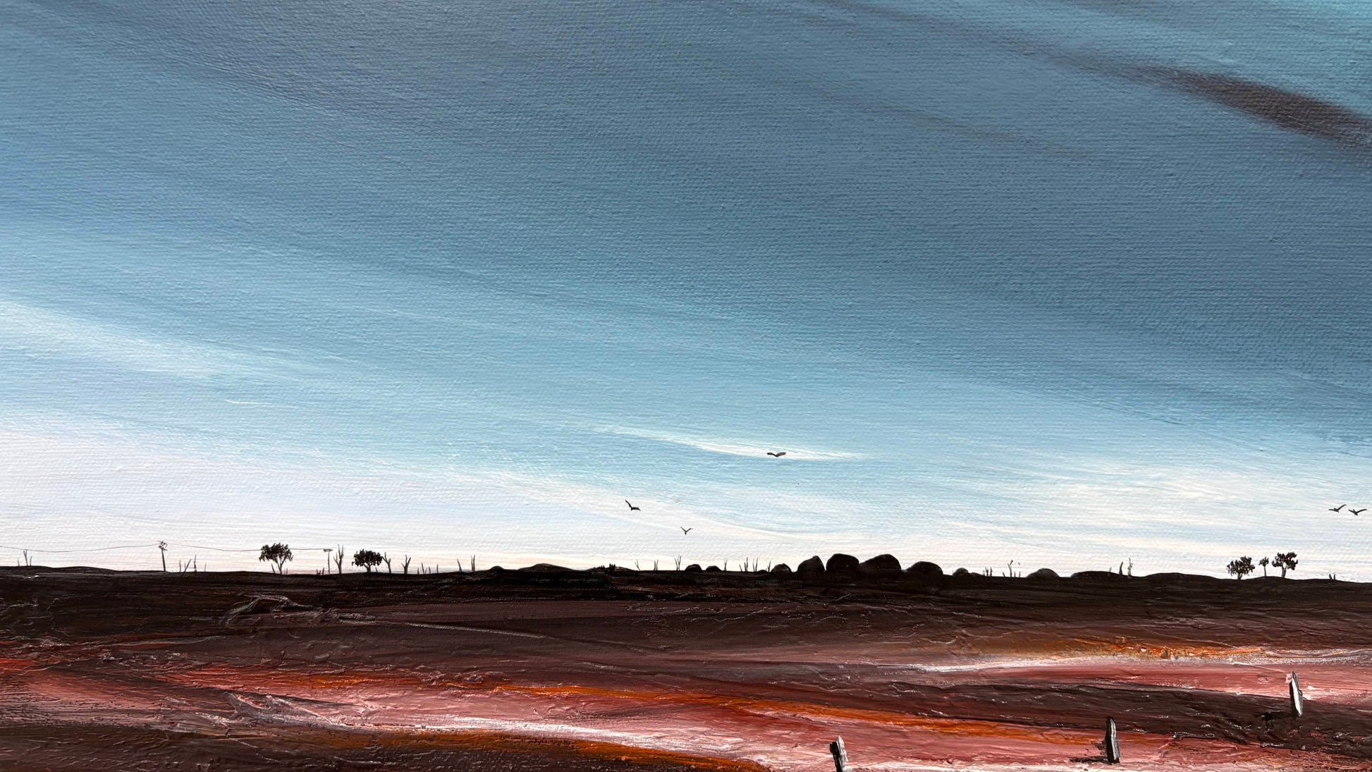 Close up of layers, detail and texture on Where Silence Holds The Land, acrylic on canvas, original abstract landscape by Australian artist Tania Chanter, 40x50cm.