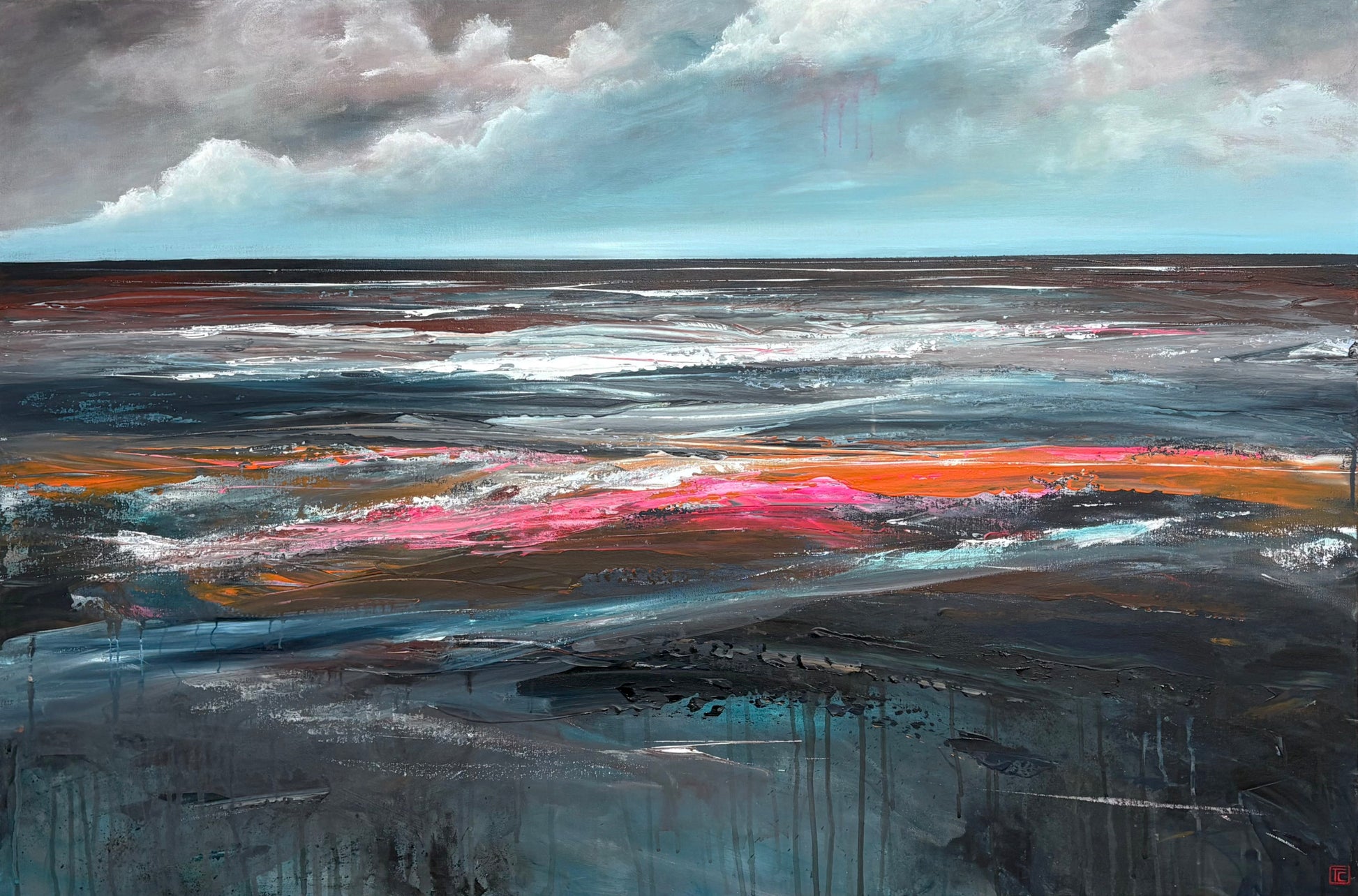 Close up of layers, detail and texture on Where Silence Meets The Sea by Tania Chanter, a textured abstract seascape, original, acrylic on canvas, 120x80cm.