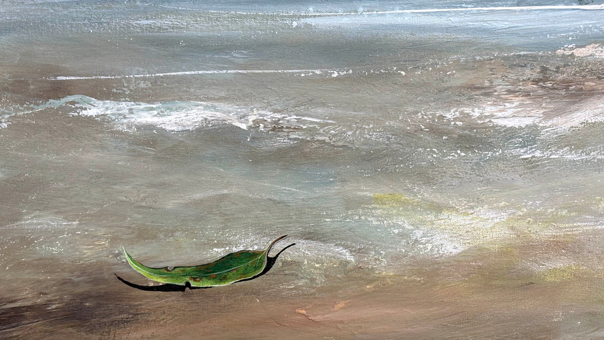 Close up of layers, texture ad detail on this Textured modern moody abstract seascape, acrylic on canvas, 100x80cm by Australian artist Tania Chanter. 