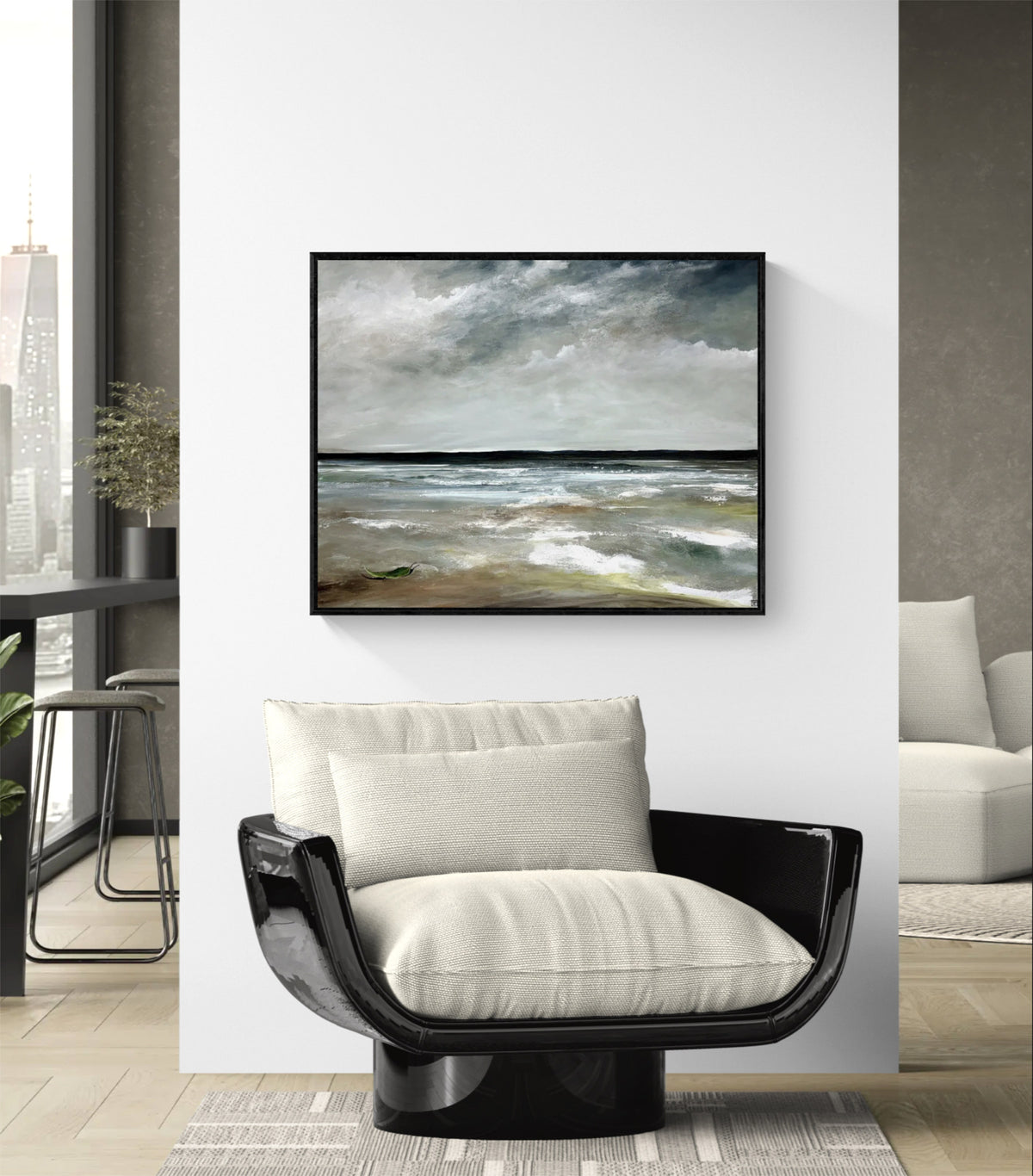 A framed horizontal landscape painting of a stormy sea .