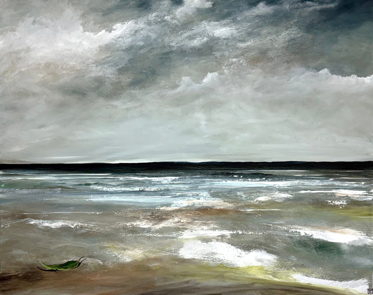 An impressionistic landscape painting of a stormy sea under a dramatic cloudy sky, with dark horizon, white surf, and muted gray-green and brown tones.