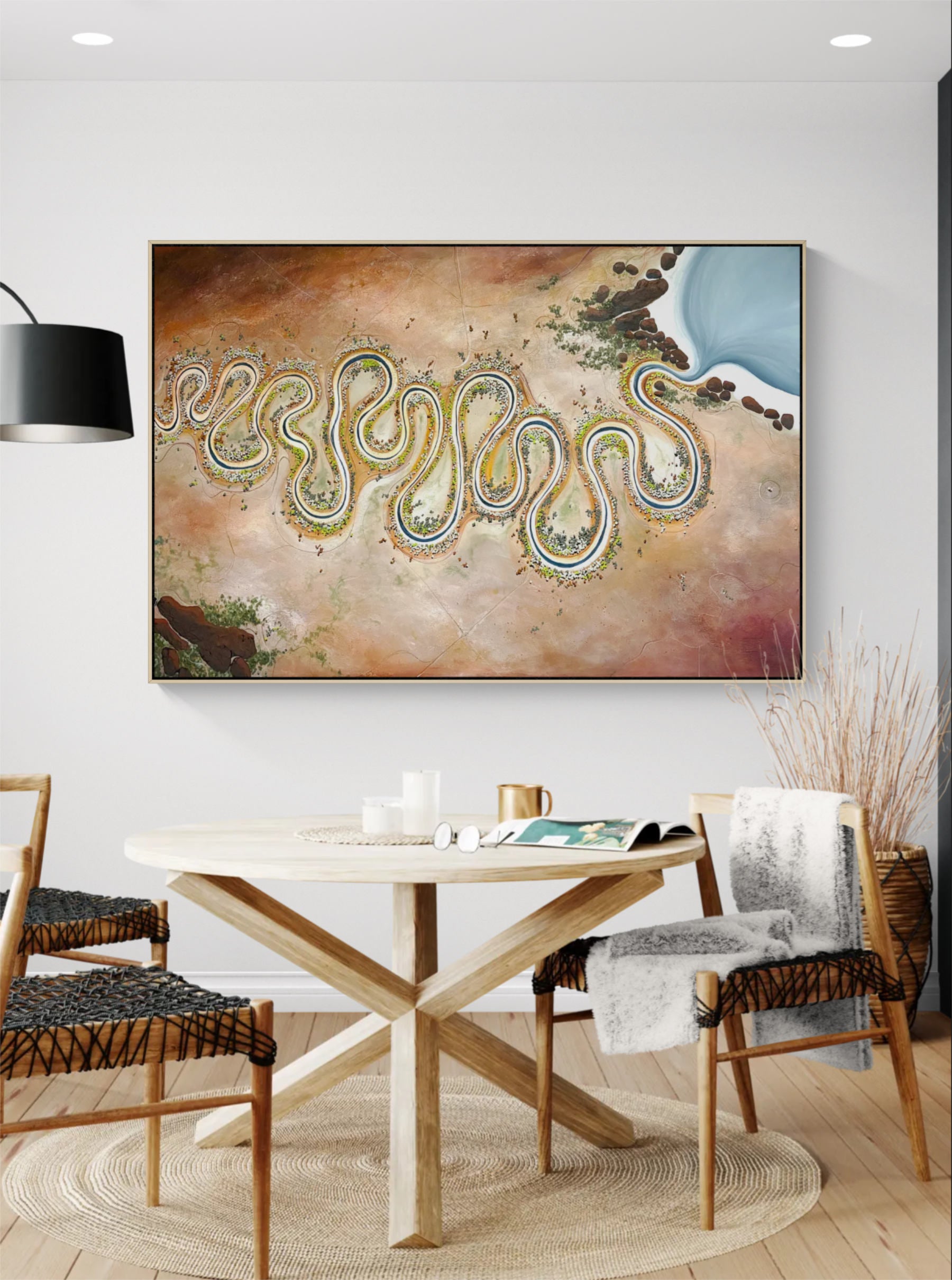 Where the River Carries Hope, textured acrylic painting of a winding river through the Australian landscape