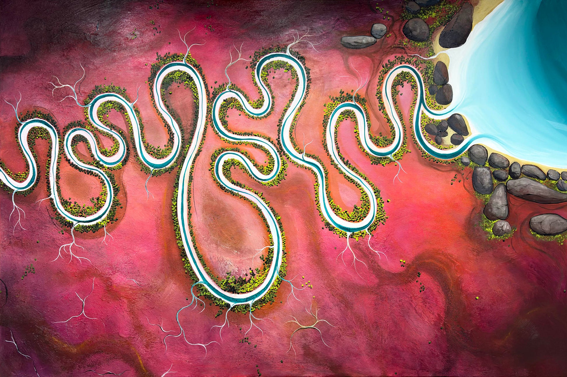Close up of layers, detail and texture on Where Time Moves Slowly by Australian artist Tania Chanter, 180x120cm, original, one of a  kind, acrylic on canvas, textured abstract aerial landscape. 