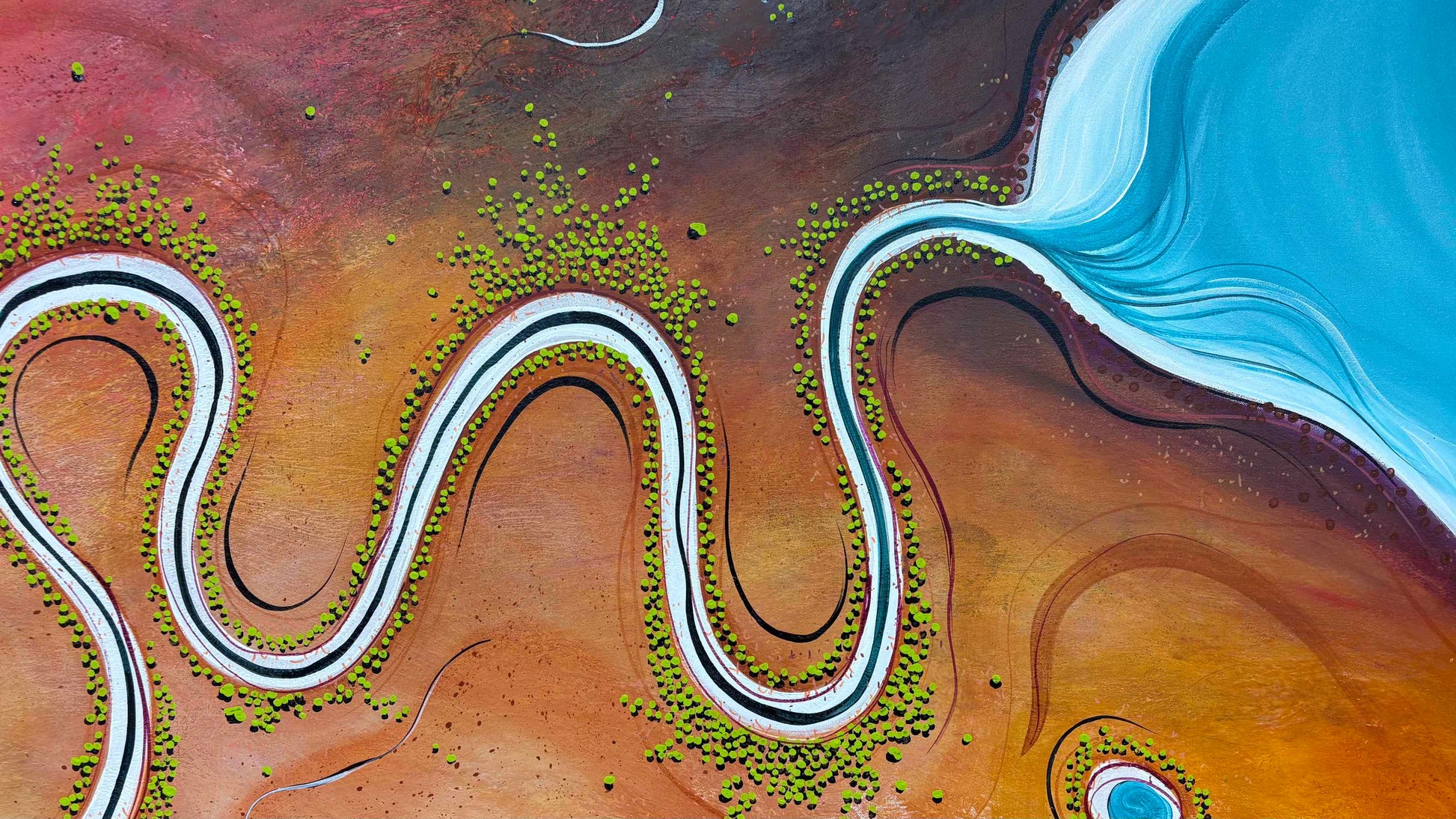 Close up off layers, detail and texture on Where Tomorrow Begins by Australian artist Tania Chanter, 180x90cm, acrylic on canvas, colourful, textured, abstract aerial landscape. 