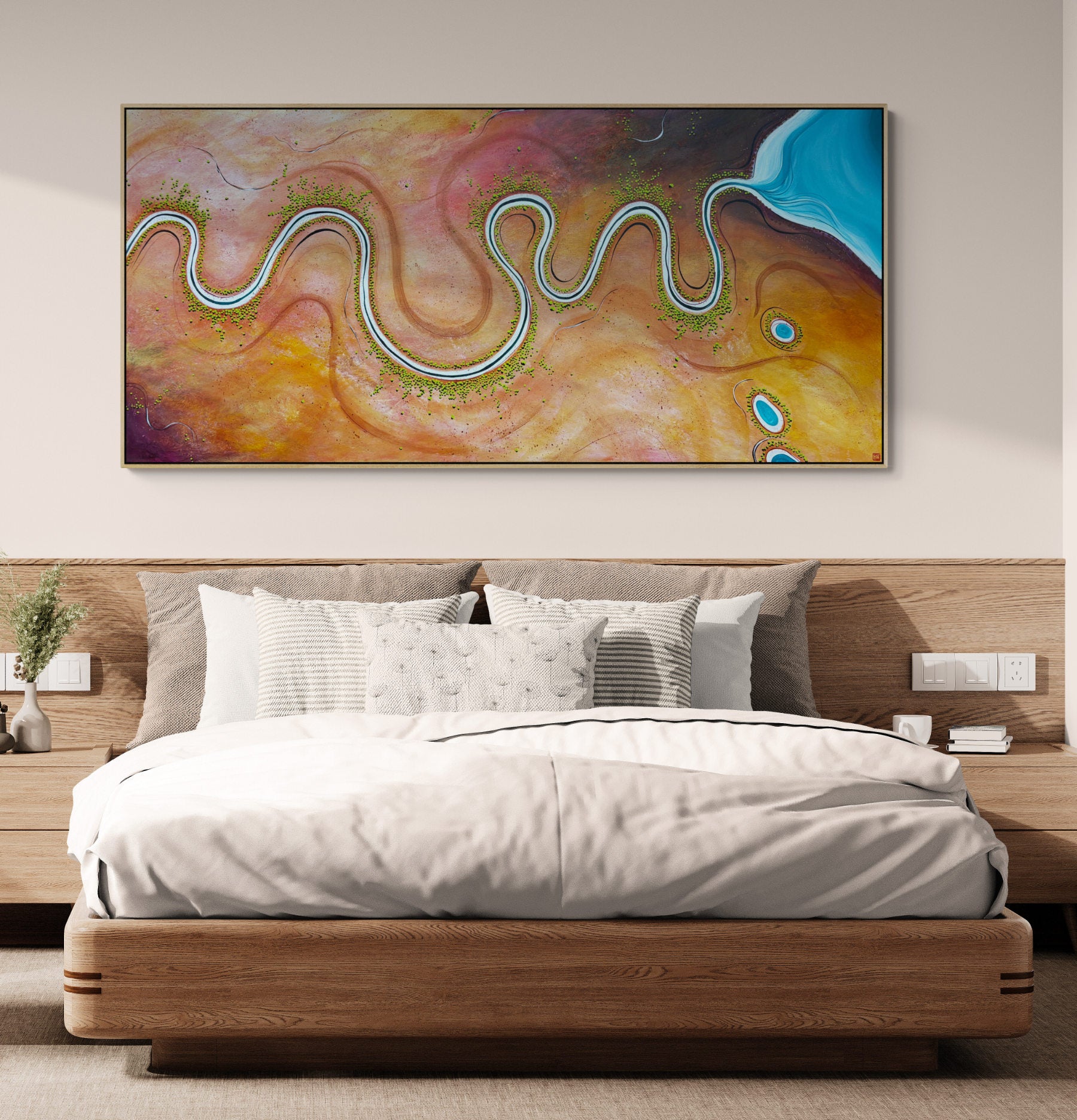 Where Tomorrow Begins by Australian artist Tania Chanter, 180x90cm, acrylic on canvas, colourful, textured, abstract aerial landscape. 