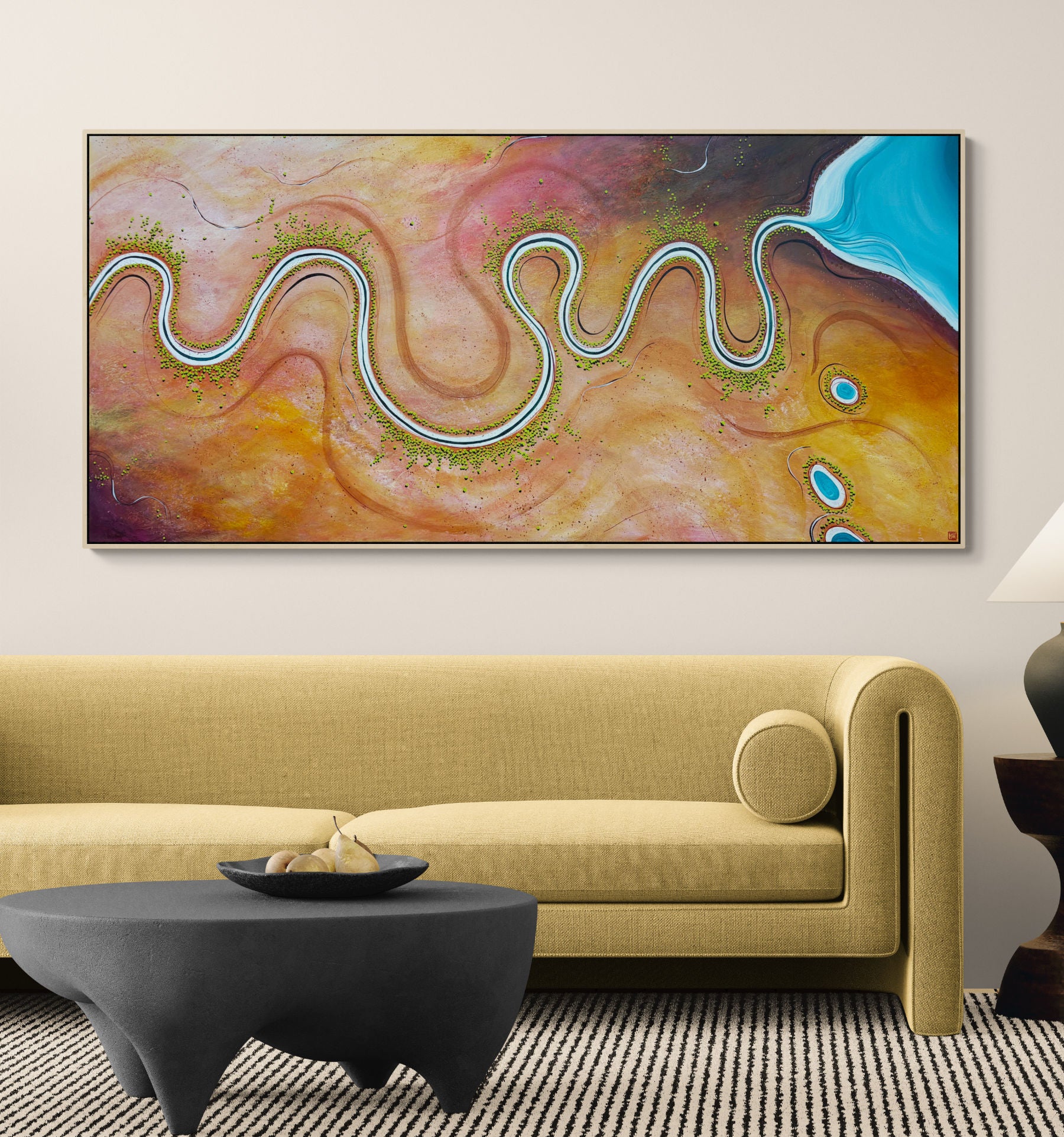 Where Tomorrow Begins by Australian artist Tania Chanter, 180x90cm, acrylic on canvas, colourful, textured, abstract aerial landscape. 