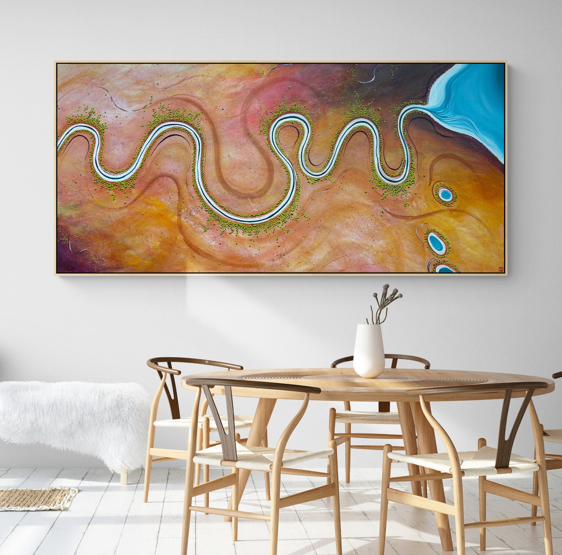 Where Tomorrow Begins by Australian artist Tania Chanter, 180x90cm, acrylic on canvas, colourful, textured, abstract aerial landscape. 