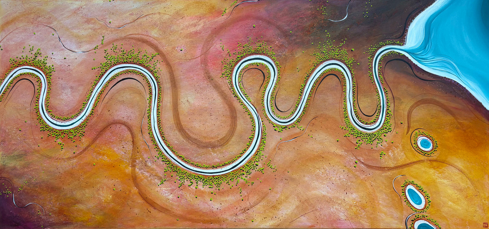 Where Tomorrow Begins by Australian artist Tania Chanter, 180x90cm, acrylic on canvas, colourful, textured, abstract aerial landscape. 