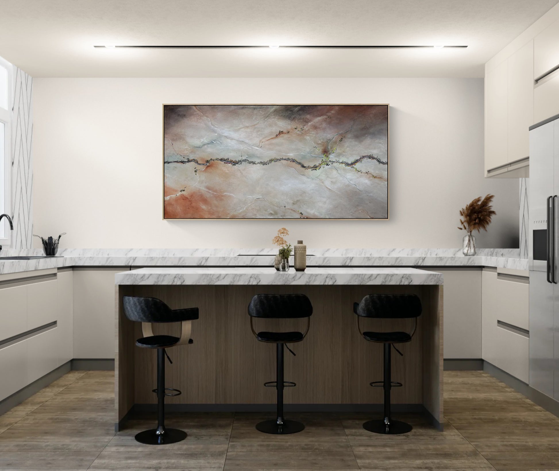 Where The Day Lets Go by Tania Chanter, original textured neutral abstract aerial landscape painting featuring a gently flowing river, subtle trees, layered mark making and soft earthy tones. Contemporary Australian landscape art on canvas.
