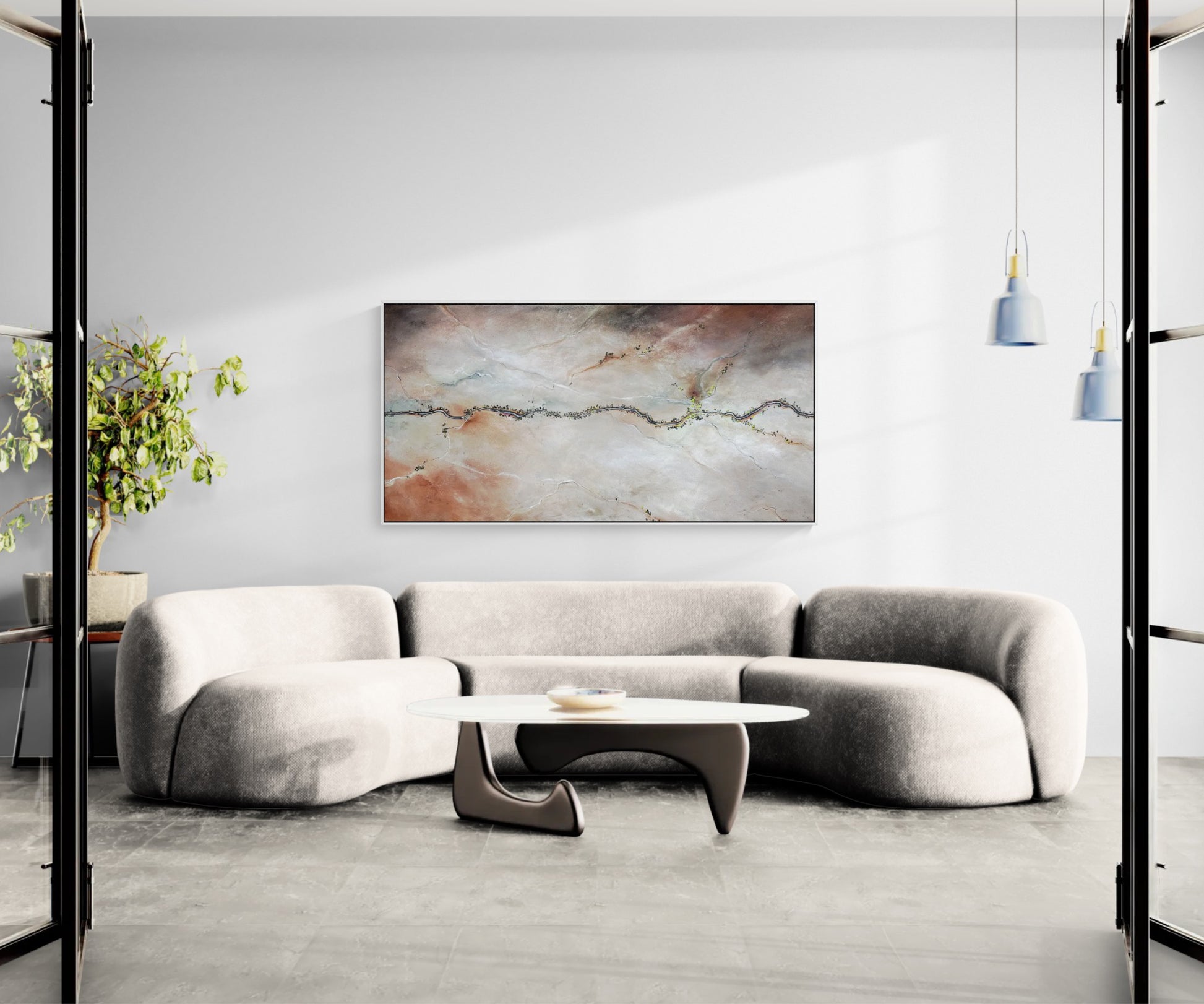 Original abstract aerial landscape painting by Australian artist Tania Chanter featuring a flowing river, textured neutral earth tones, delicate trees and expressive mark making. Contemporary canvas artwork for modern coastal and designer interiors.
