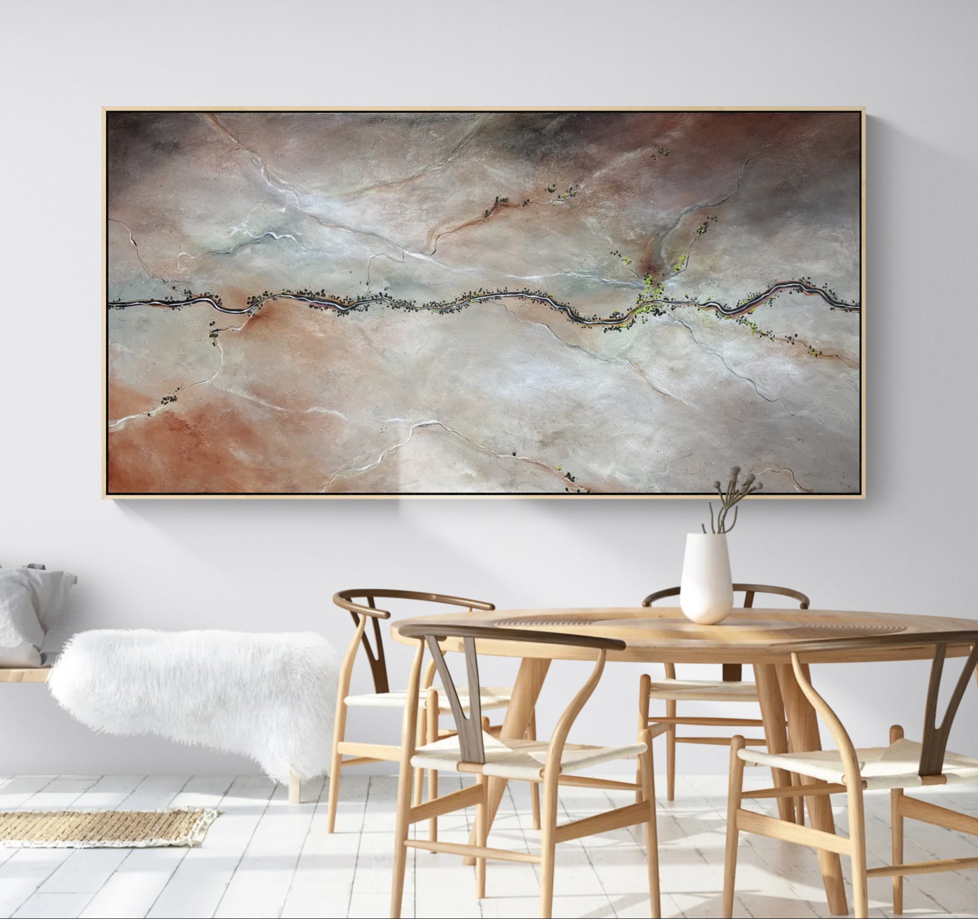 Original abstract aerial landscape painting by Australian artist Tania Chanter featuring a flowing river, textured neutral earth tones, delicate trees and expressive mark making. Contemporary canvas artwork for modern coastal and designer interiors.
