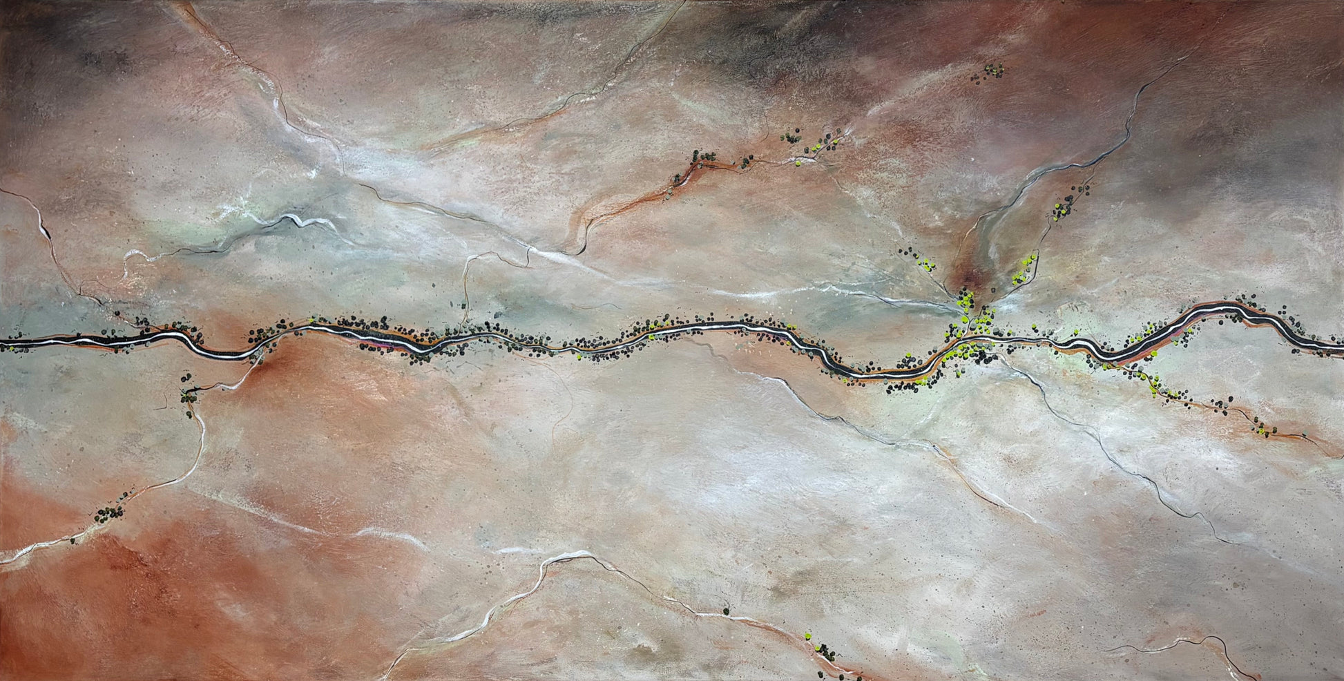 Original abstract aerial landscape painting by Australian artist Tania Chanter featuring a flowing river, textured neutral earth tones, delicate trees and expressive mark making. Contemporary canvas artwork for modern coastal and designer interiors.
