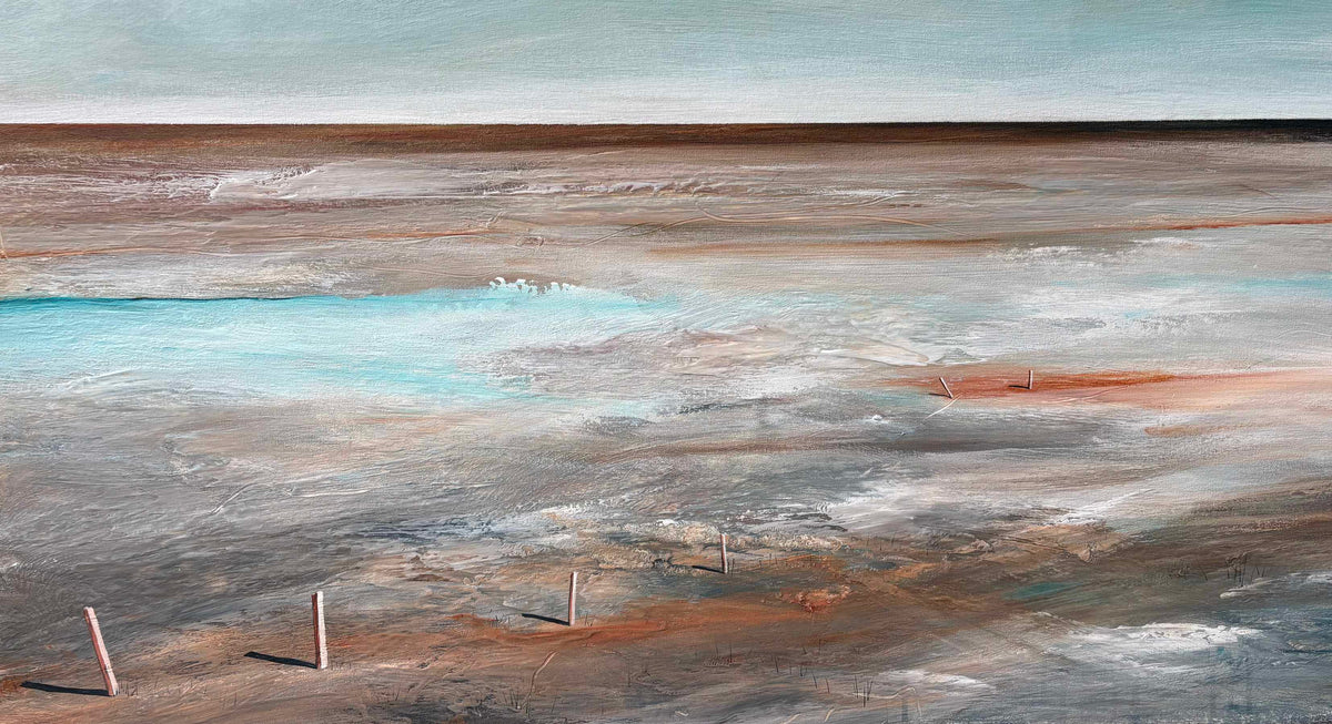 An abstract landscape painting depicting a vast, textured field of earthy browns, grays, and whites, with a bright turquoise blue pool in the middle and a pale blue sky at the top.