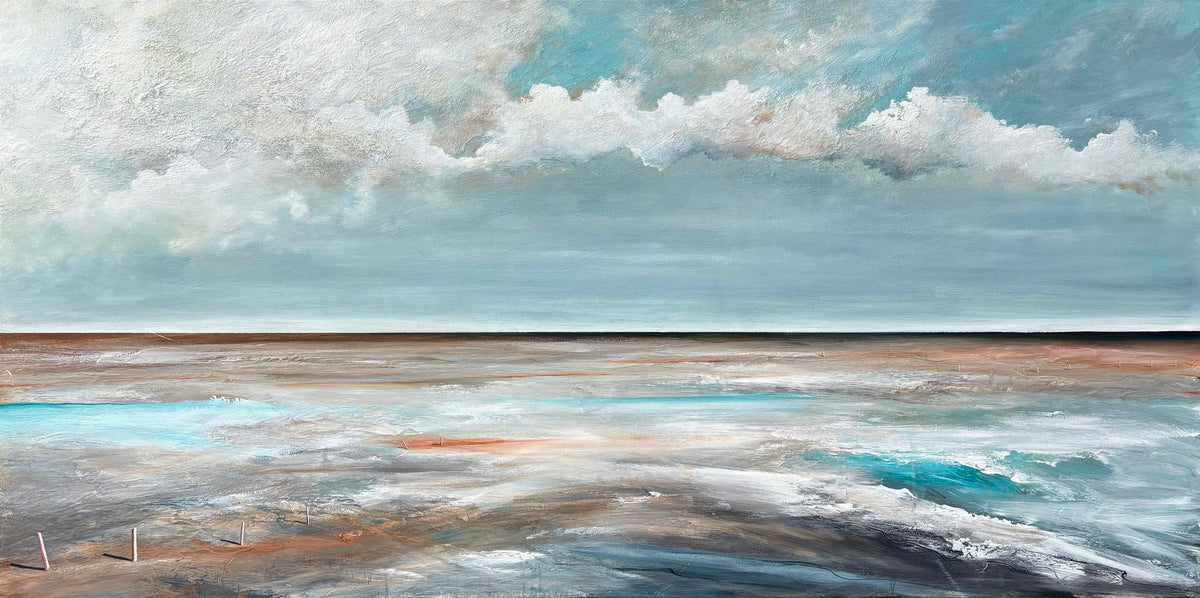 An abstract landscape painting of an ocean scene, featuring textured brushstrokes in shades of blue, gray, white, brown, and hints of orange, with a dramatic cloudy sky.