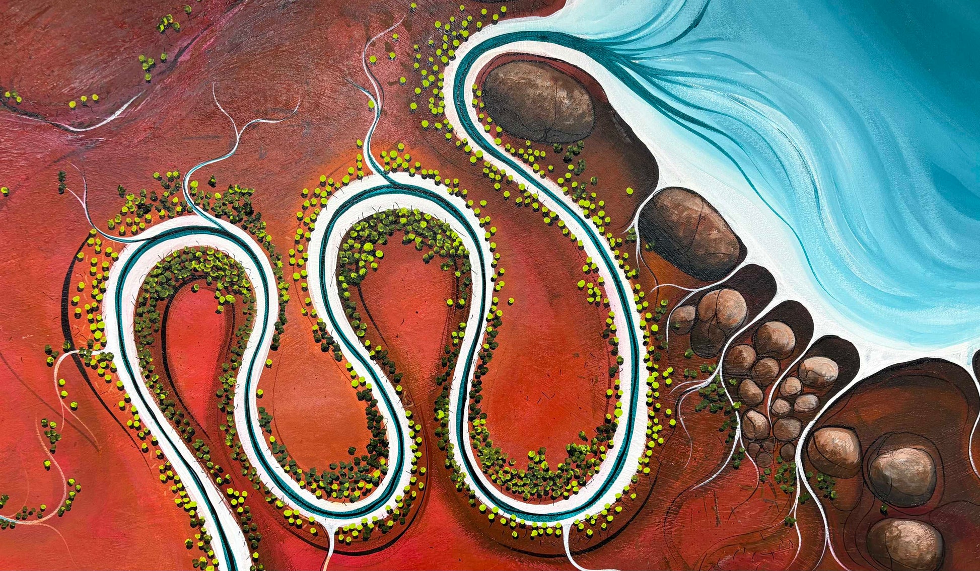 Close up of layers, detail and texture on Where The Earth Smiles by Australian artist Tania Chanter, original, one-off textured abstract aerial landscape, 180x120cm, acrylic on canvas.