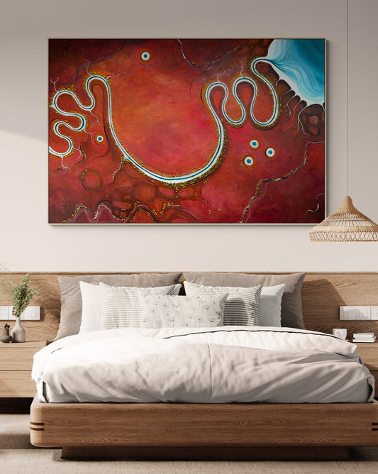 Where The Earth Smiles by Australian artist Tania Chanter, original, acrylic on canvas, 180x120cm, textured abstract aerial landscape.