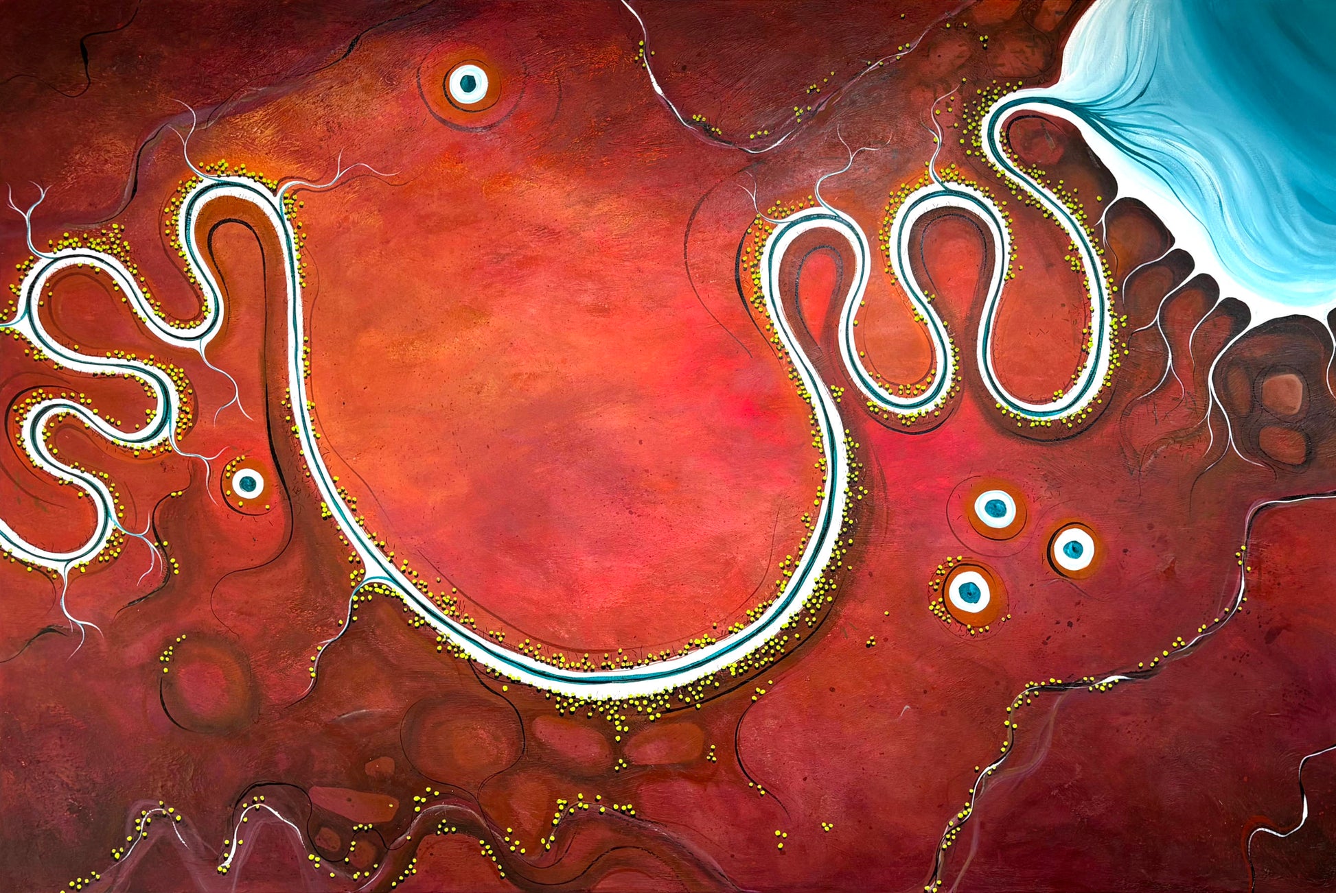 Where The Earth Smiles by Australian artist Tania Chanter, original, acrylic on canvas, 180x120cm, textured abstract aerial landscape.