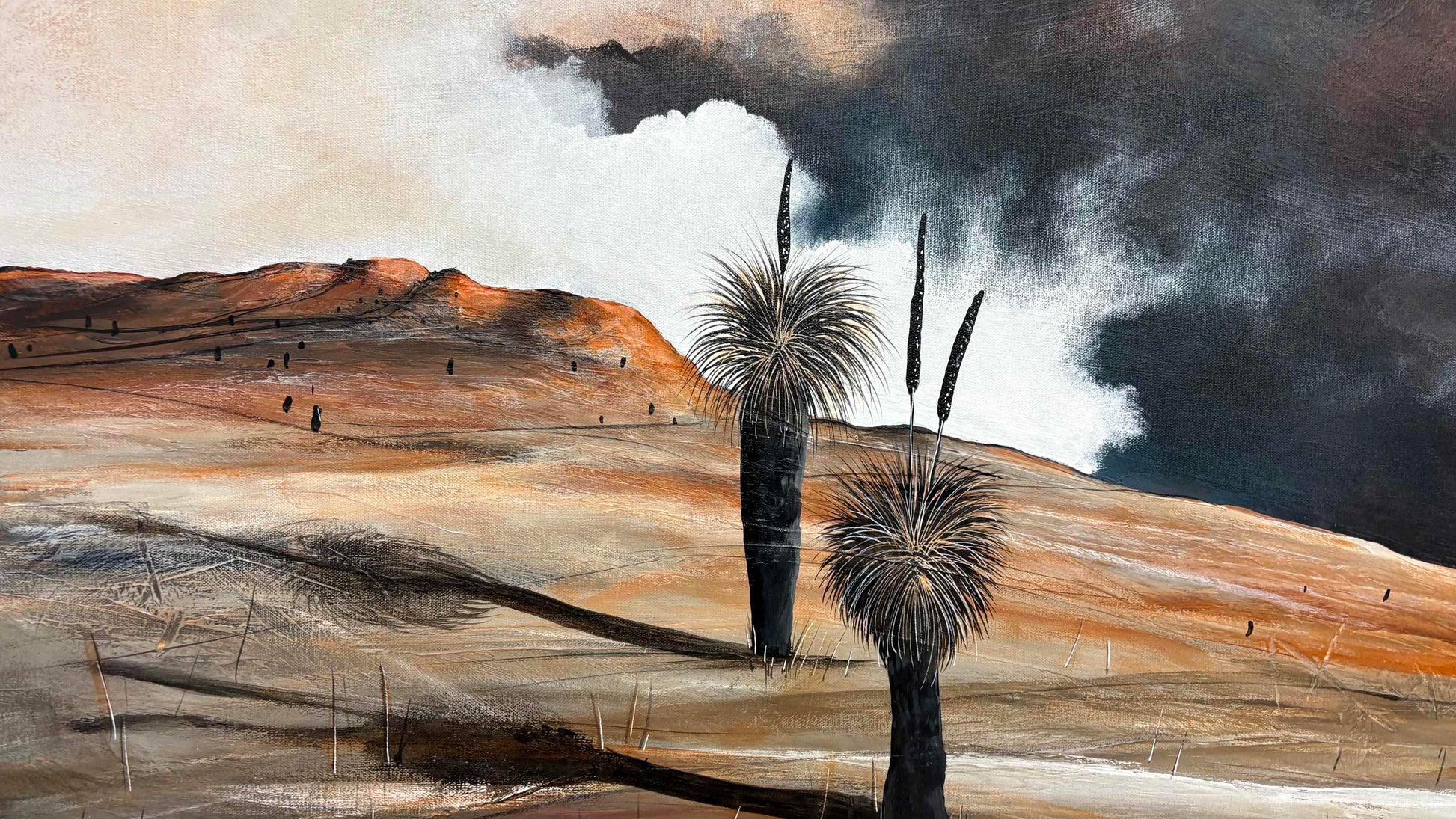 Close up of layers, detail and texture Where The Heart Lingers by Australian artist Tania Chanter, framed, 124 x 104cm, acrylic on canvas, textured abstract landscape.