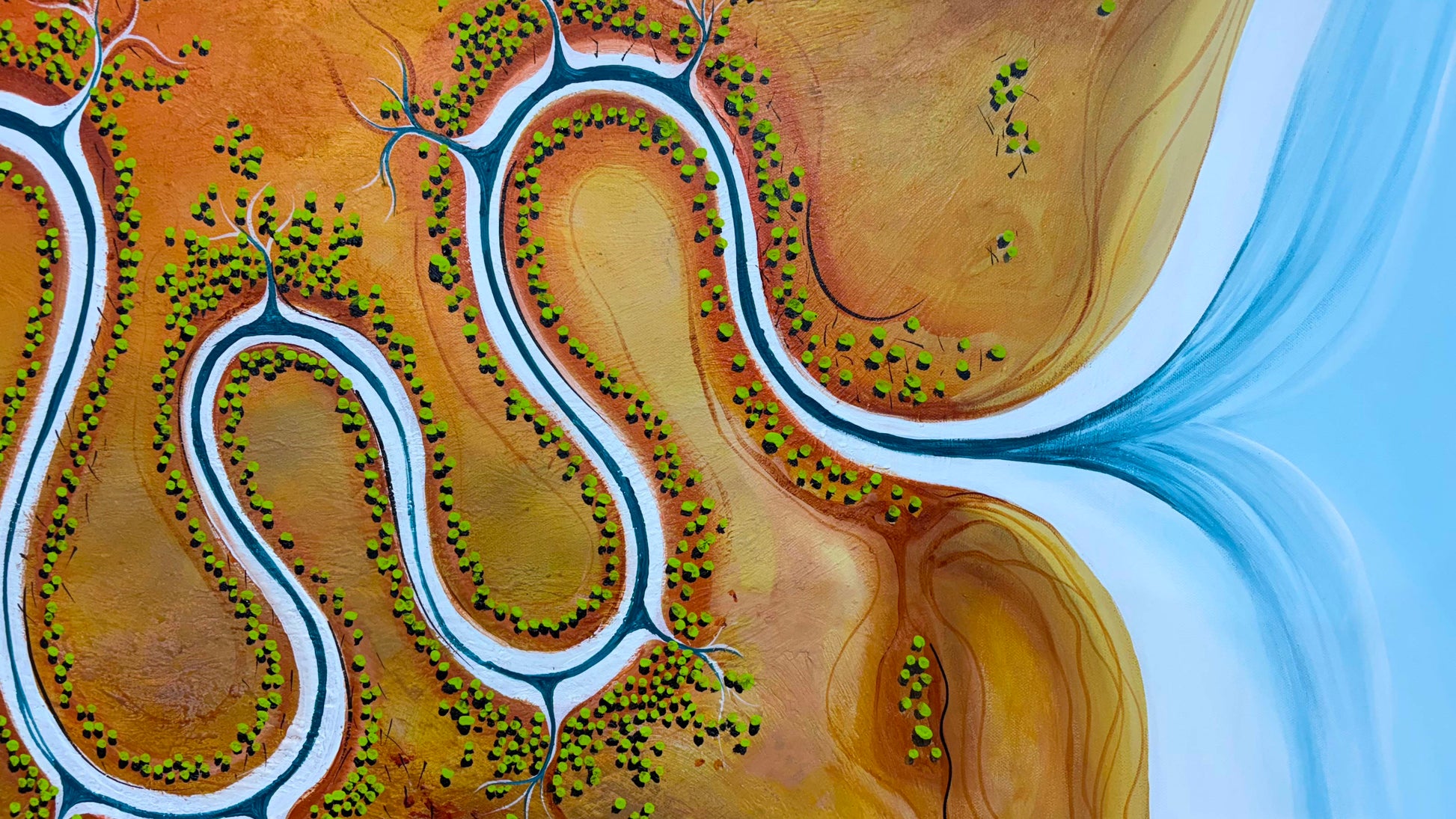 Close up of layers, detail and texture on Original painting, Where The River Dances by Australian artist Tania Chanter, 183x92cm, acrylic on canvas. 