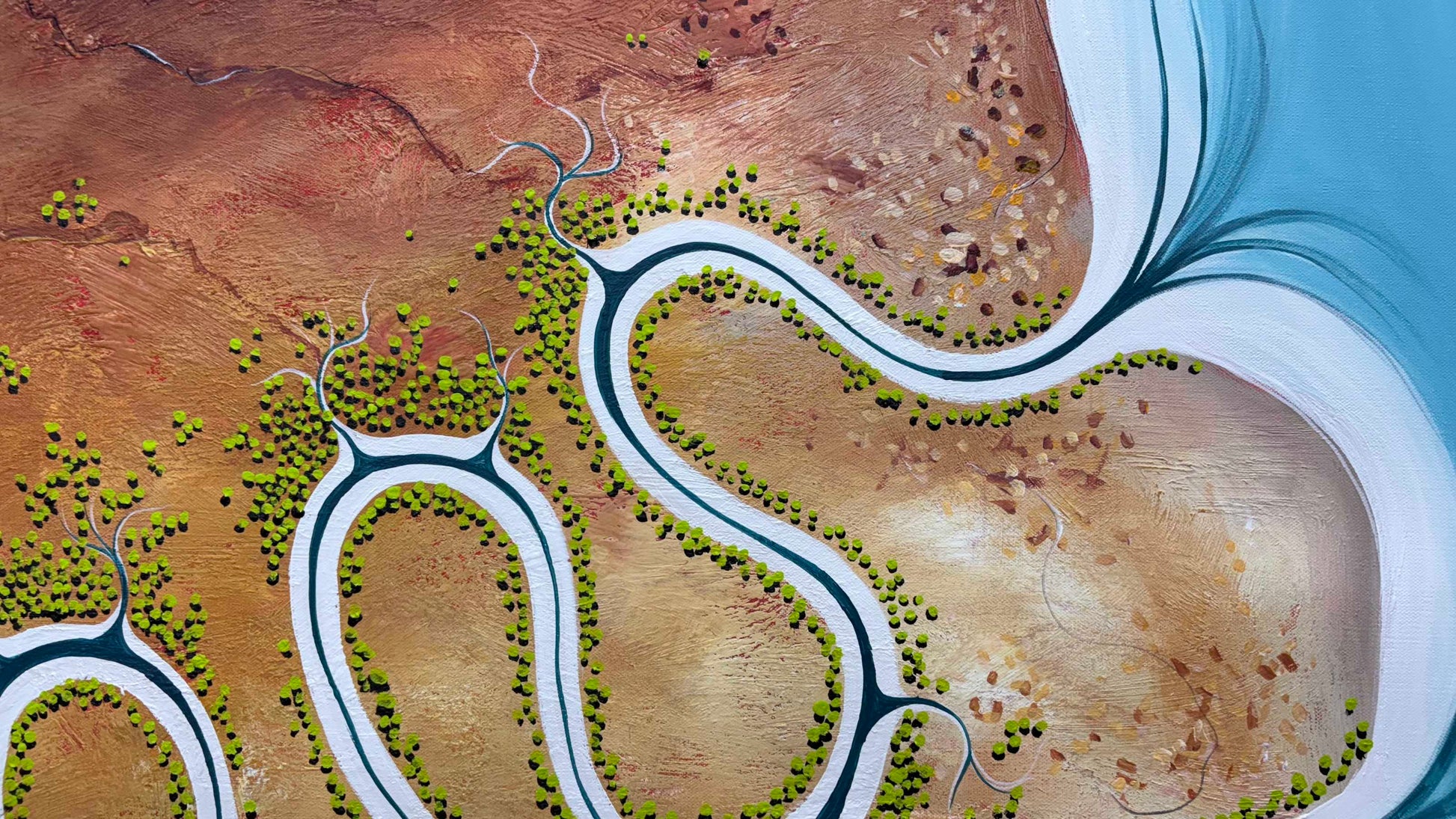Original, aerial abstract landscape painting; Where The River Once Spoke by Australian artist Tania Chanter. Acrylic on canvas, 90x120cm.