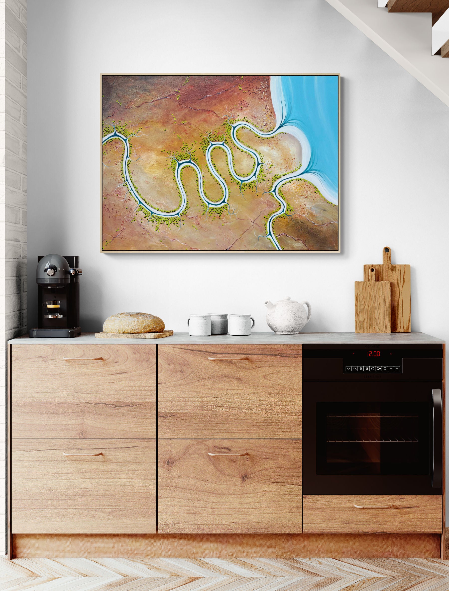 Original, aerial abstract landscape painting; Where The River Once Spoke by Australian artist Tania Chanter. Acrylic on canvas, 90x120cm.