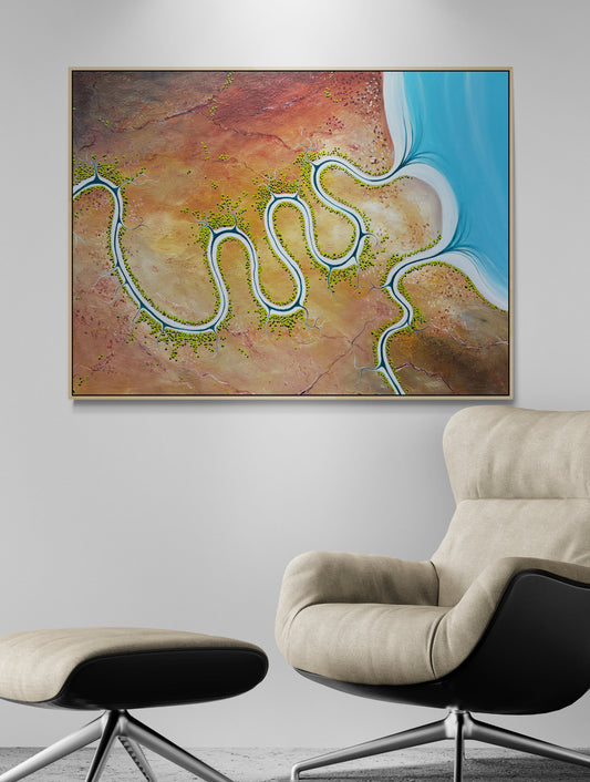Original, aerial abstract landscape painting; Where The River Once Spoke by Australian artist Tania Chanter. Acrylic on canvas, 90x120cm.