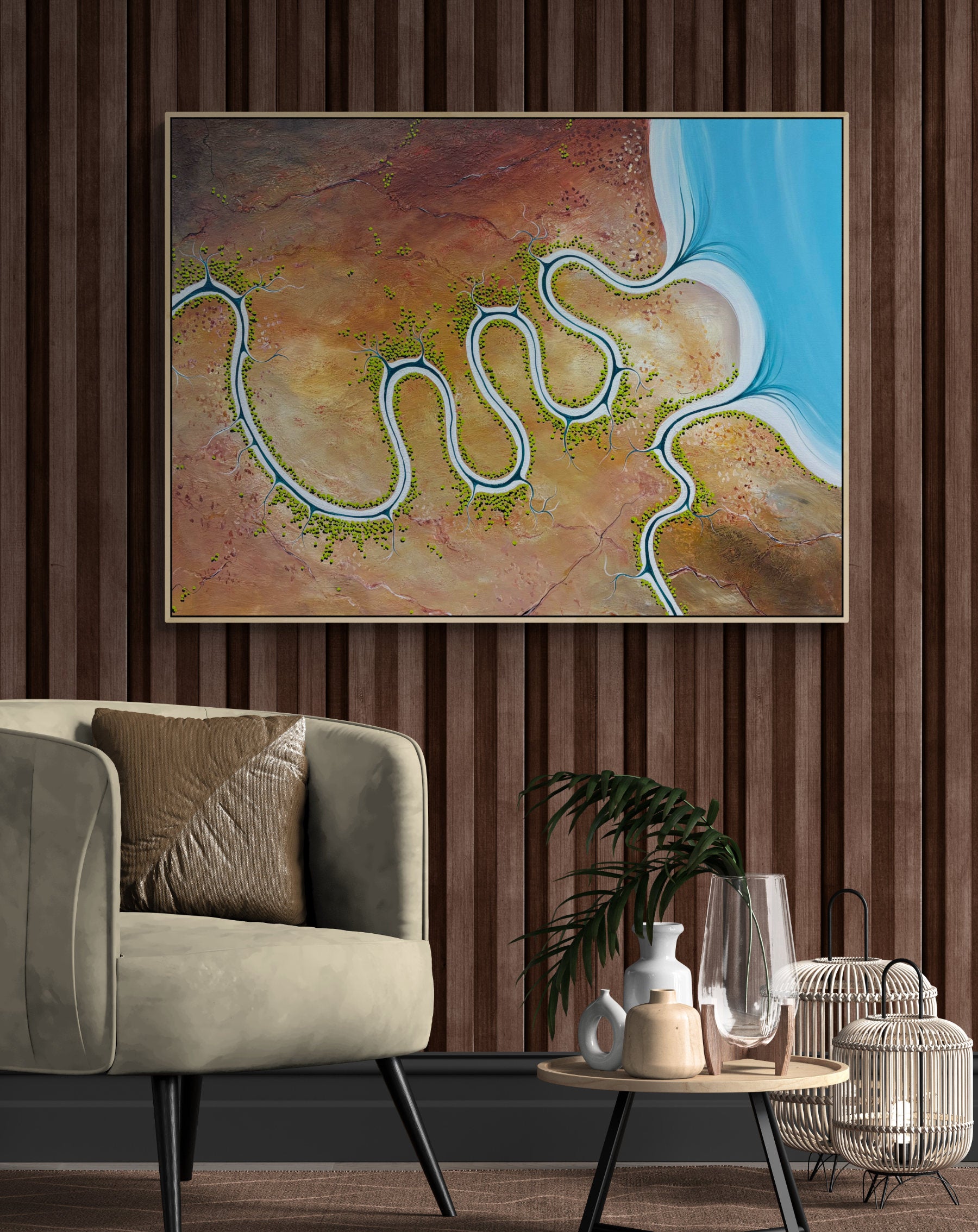 Original, aerial abstract landscape painting; Where The River Once Spoke by Australian artist Tania Chanter. Acrylic on canvas, 90x120cm.