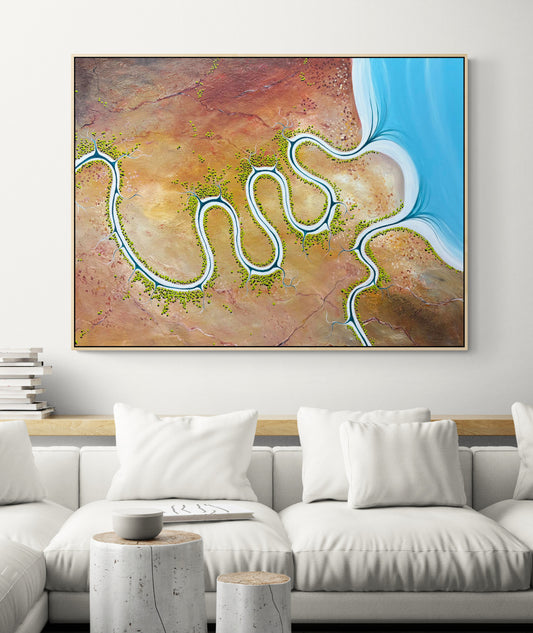 Original, aerial abstract landscape painting; Where The River Once Spoke by Australian artist Tania Chanter. Acrylic on canvas, 90x120cm.