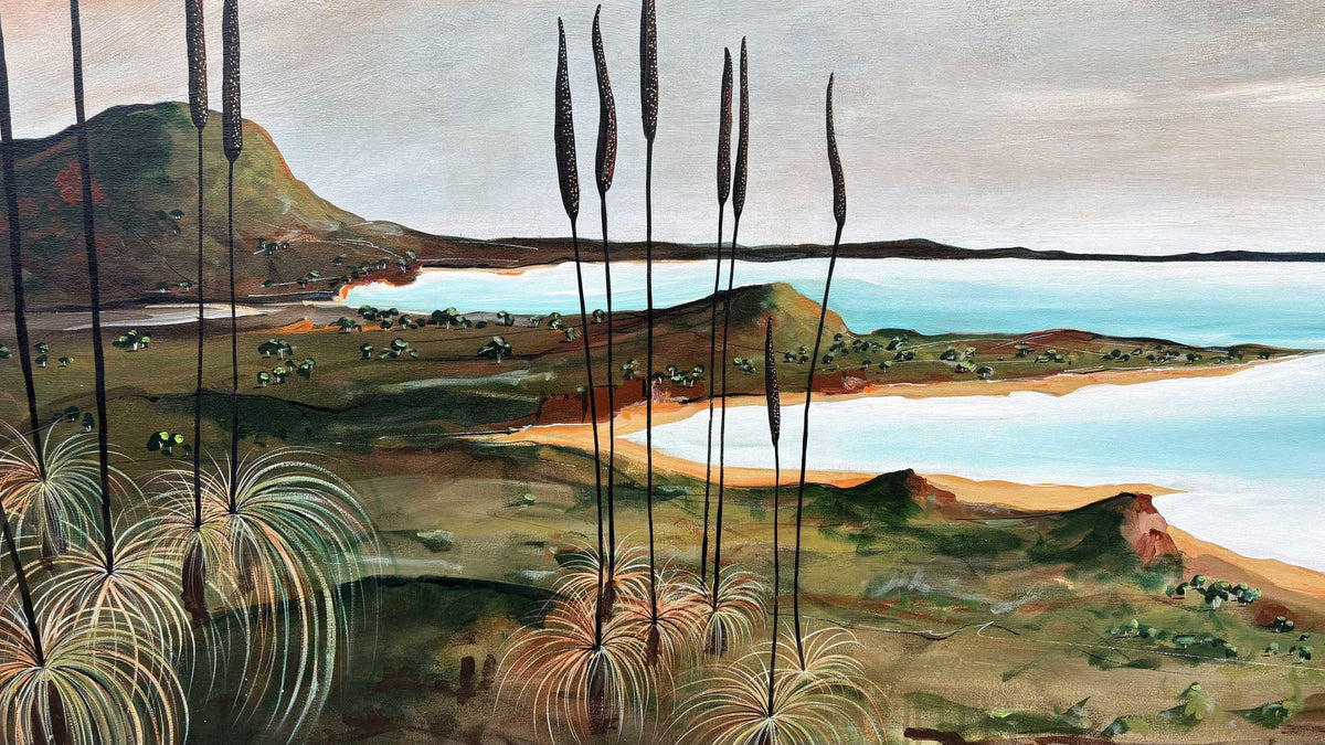 Close up of layers, detail and texture on Textured abstract seascape with native grass trees and vivid blue sea by Australian artist Tania Chanter, 150x100cm, acrylic on canvas, original abstract landscape. 