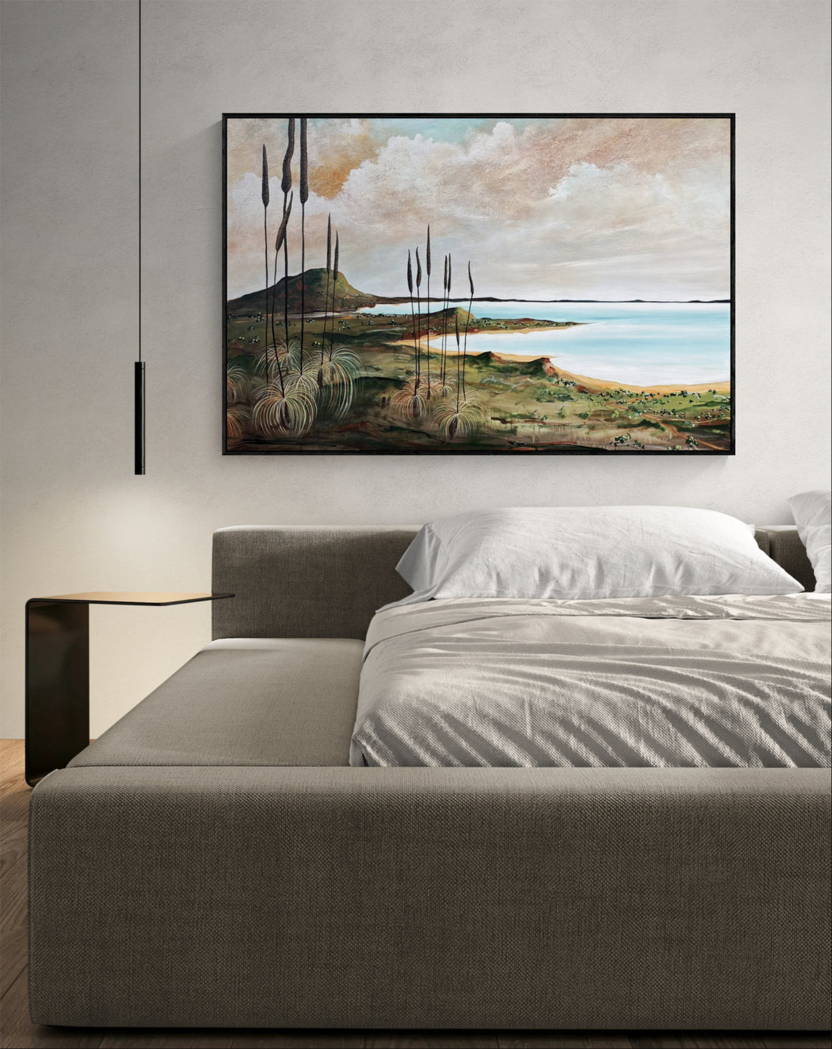 Textured abstract seascape with native grass trees and vivid blue sea by Australian artist Tania Chanter, 150x100cm, acrylic on canvas, original abstract landscape. 