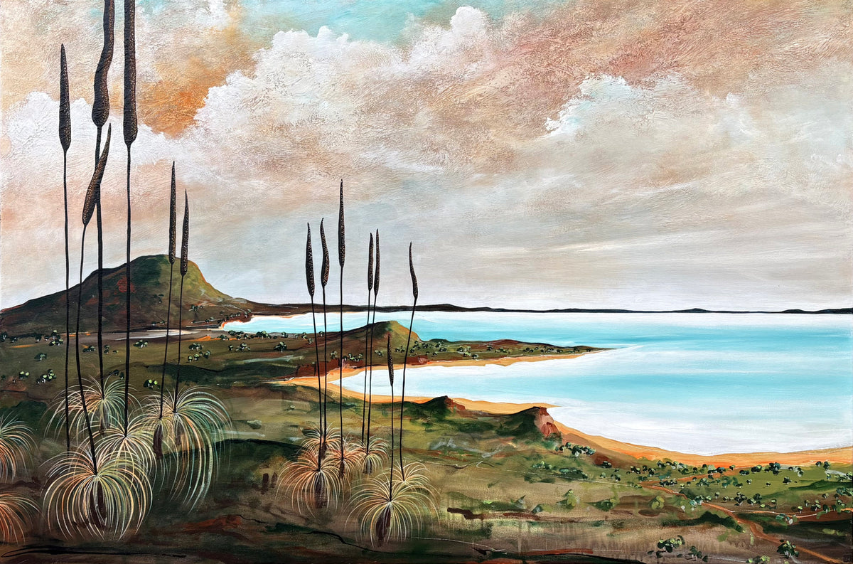 Textured abstract seascape with native grass trees and vivid blue sea by Australian artist Tania Chanter, 150x100cm, acrylic on canvas, original abstract landscape. 
