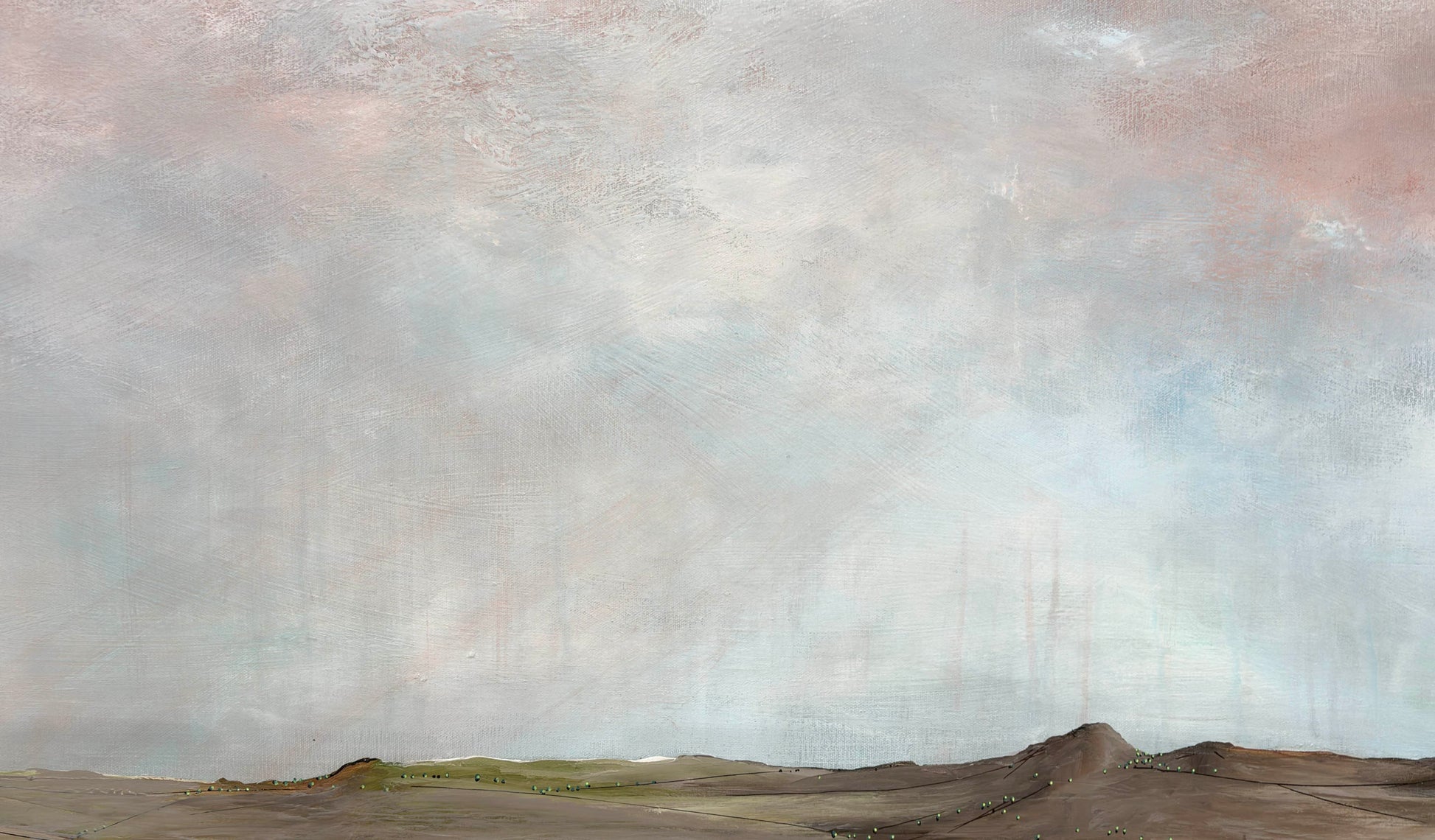 Close up of layers detail and texture on Whispers Of Rain Beyond The Horizon by Australian artist Tania Chanter, original, one off acrylic on canvas abstract landscape, 160x70cm, ready to hang.
