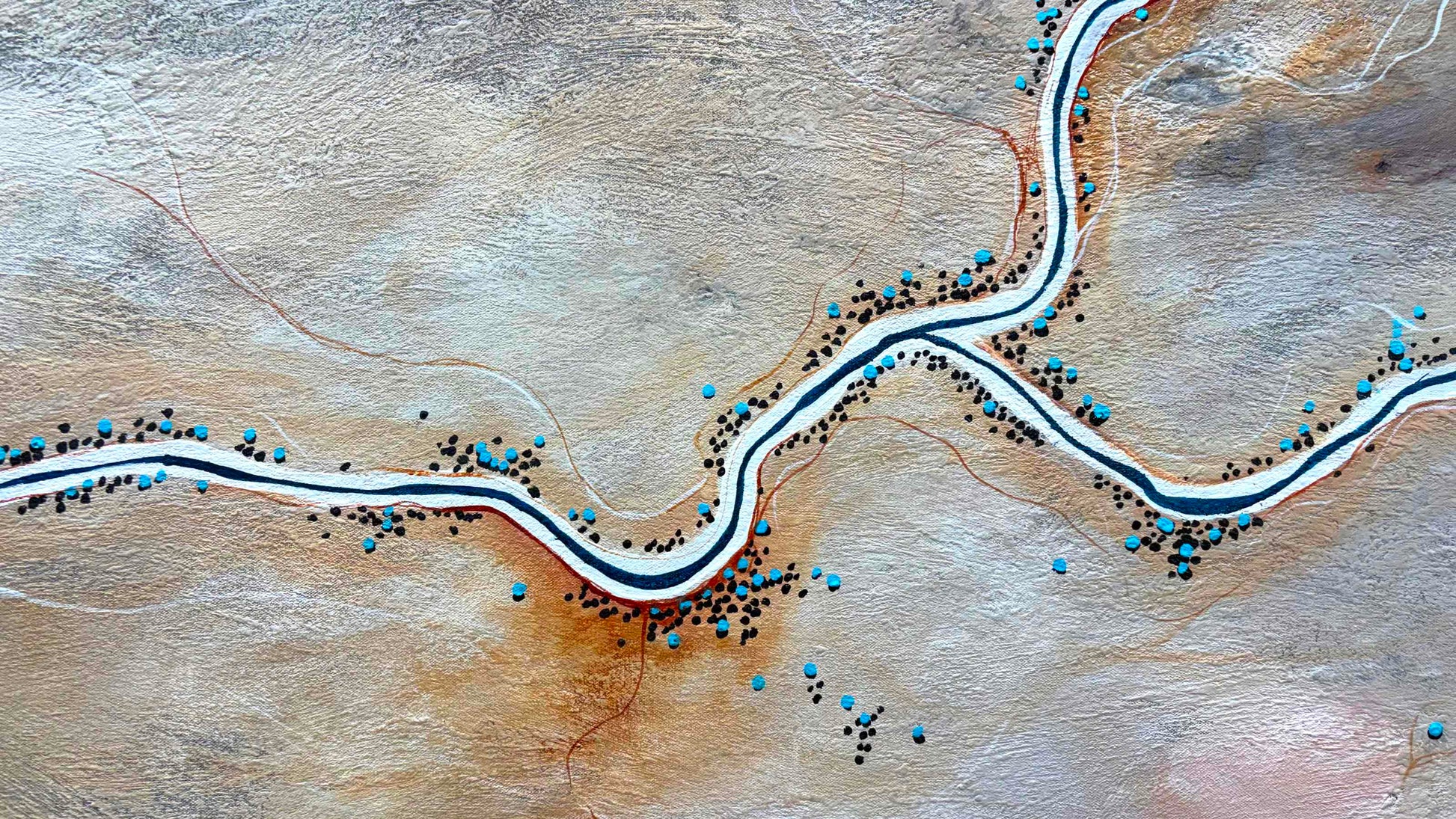 Close up of layers, detail and texture on Whispers Of The Desert Bloom by Australian artist Tania Chanter, 180x90cm acrylic on canvas, original, textured abstract aerial landscape. 