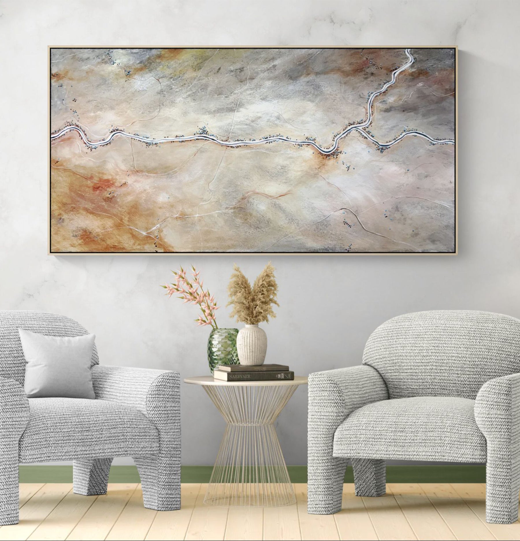 Whispers Of The Desert Bloom by Australian artist Tania Chanter, 180x90cm acrylic on canvas, original, textured abstract aerial landscape. 
