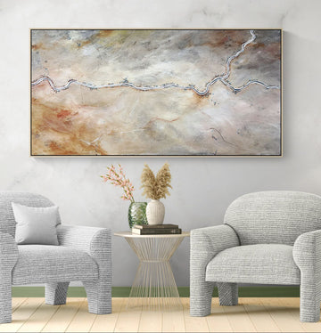 Whispers Of The Desert Bloom by Australian artist Tania Chanter, 180x90cm acrylic on canvas, original, textured abstract aerial landscape. 
