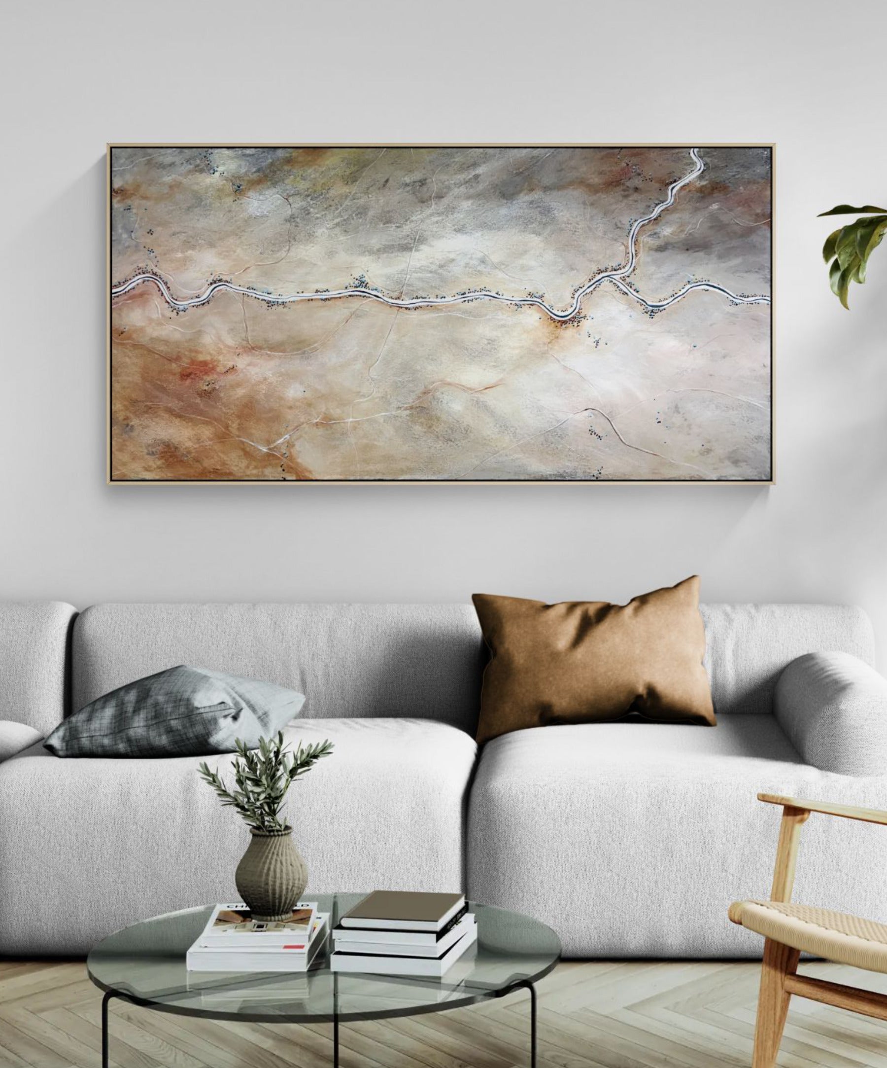Whispers Of The Desert Bloom by Australian artist Tania Chanter, 180x90cm acrylic on canvas, original, textured abstract aerial landscape. 