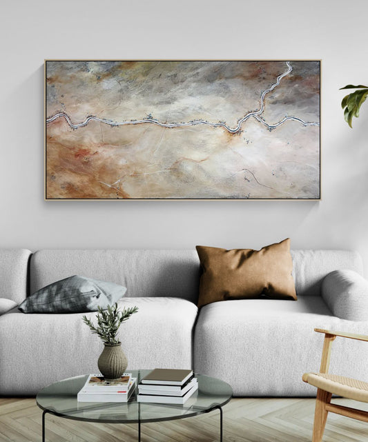 Whispers Of The Desert Bloom by Australian artist Tania Chanter, 180x90cm acrylic on canvas, original, textured abstract aerial landscape. 