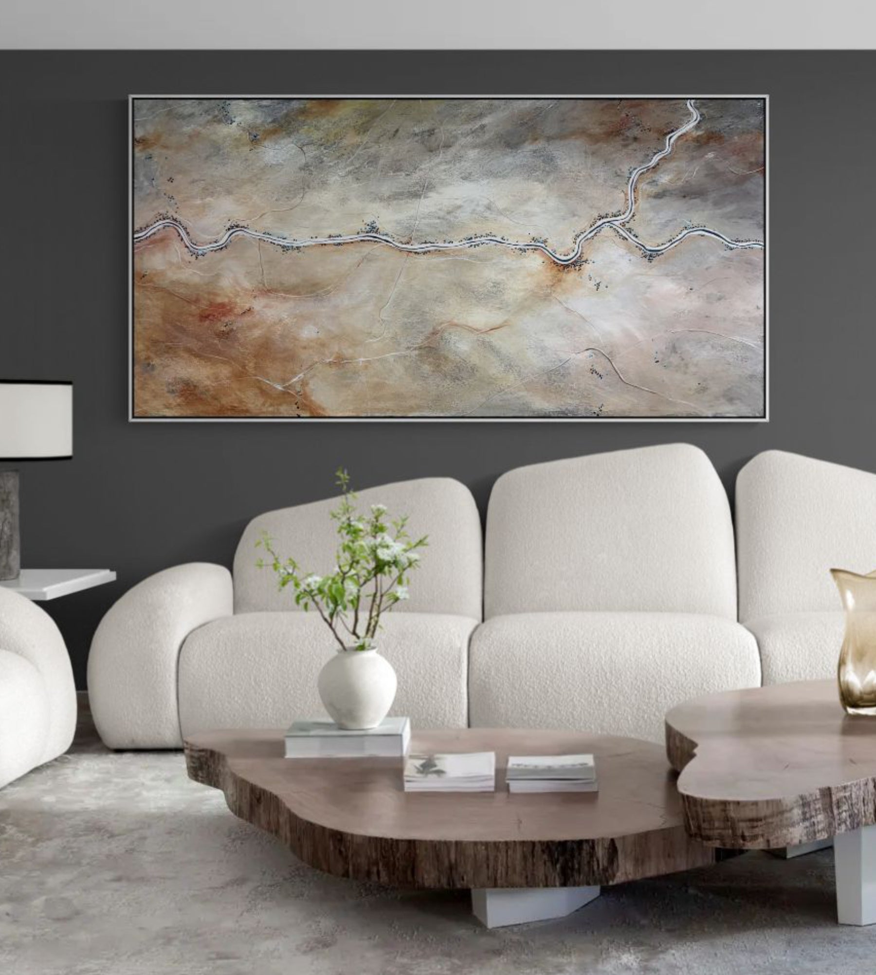Whispers Of The Desert Bloom by Australian artist Tania Chanter, 180x90cm acrylic on canvas, original, textured abstract aerial landscape. 