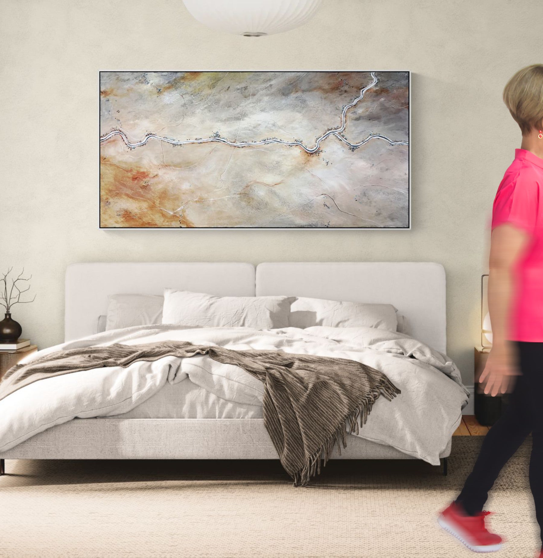 Whispers Of The Desert Bloom by Australian artist Tania Chanter, 180x90cm acrylic on canvas, original, textured abstract aerial landscape. 