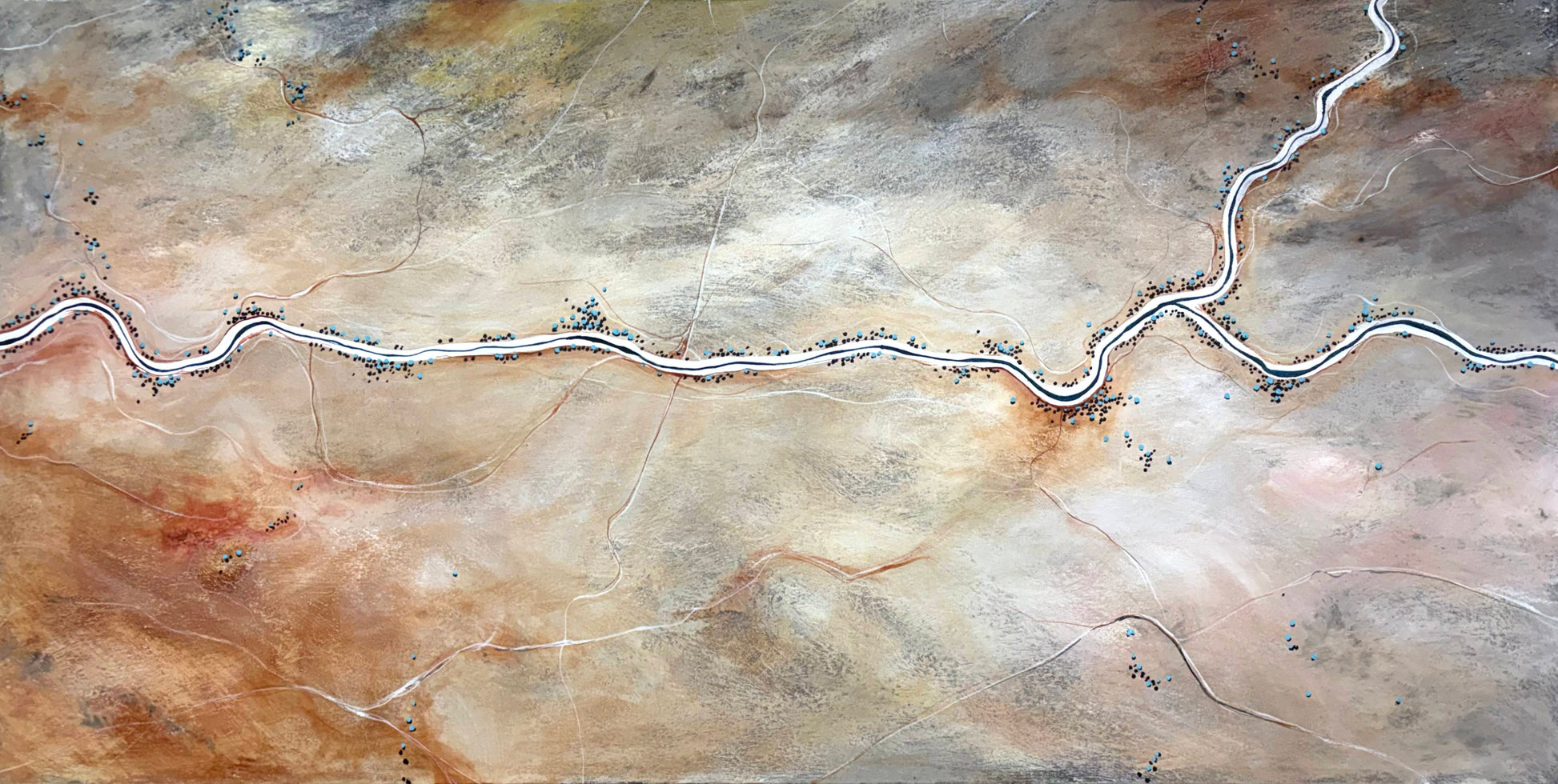 Whispers Of The Desert Bloom by Australian artist Tania Chanter, 180x90cm acrylic on canvas, original, textured abstract aerial landscape. 