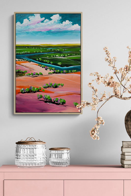 Whispers Of The Horizon by Australian artist Tania Chanter, acrylic on canvas, 40x60cm, colourful abstract landscape. 