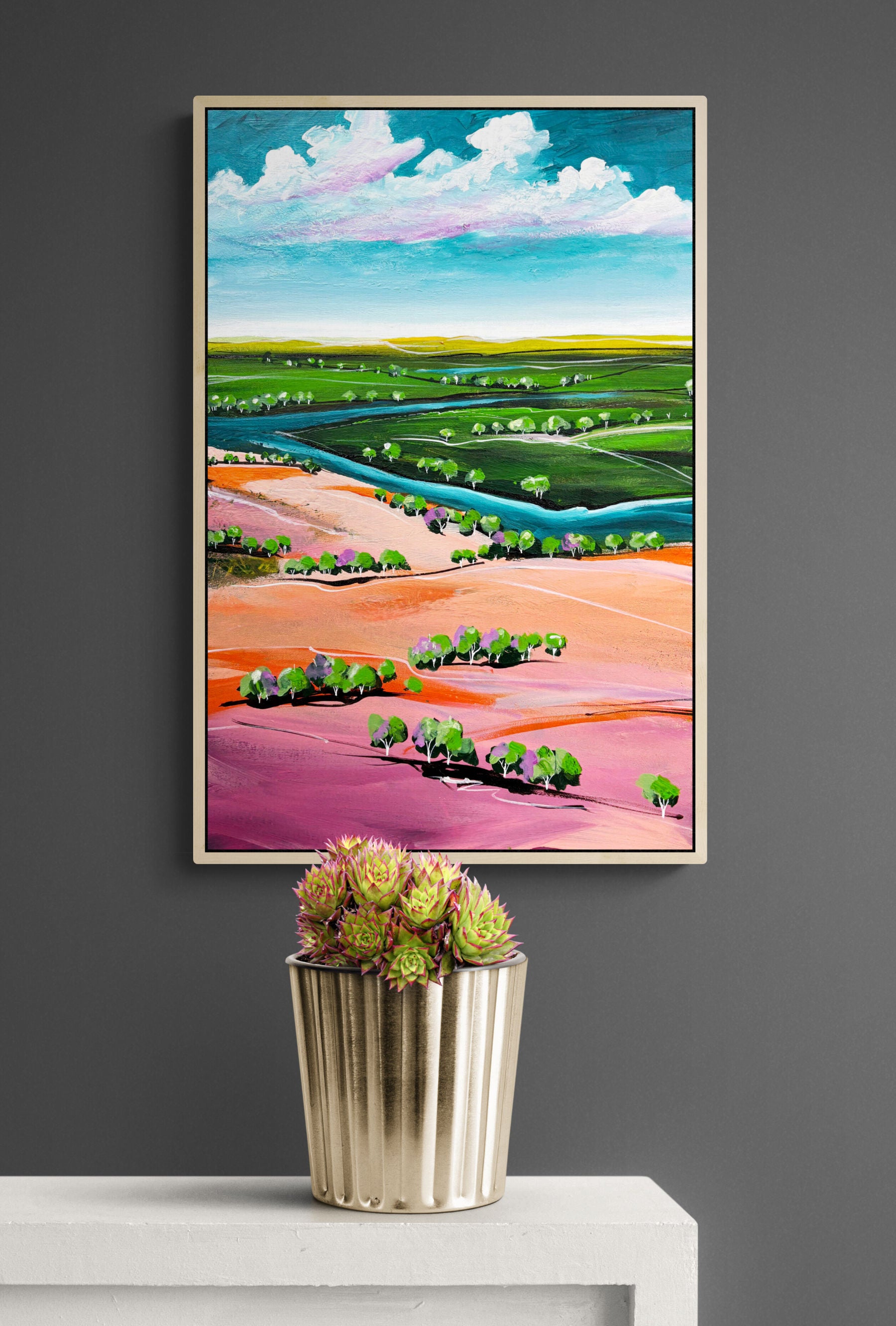 Whispers Of The Horizon by Australian artist Tania Chanter, acrylic on canvas, 40x60cm, colourful abstract landscape. 